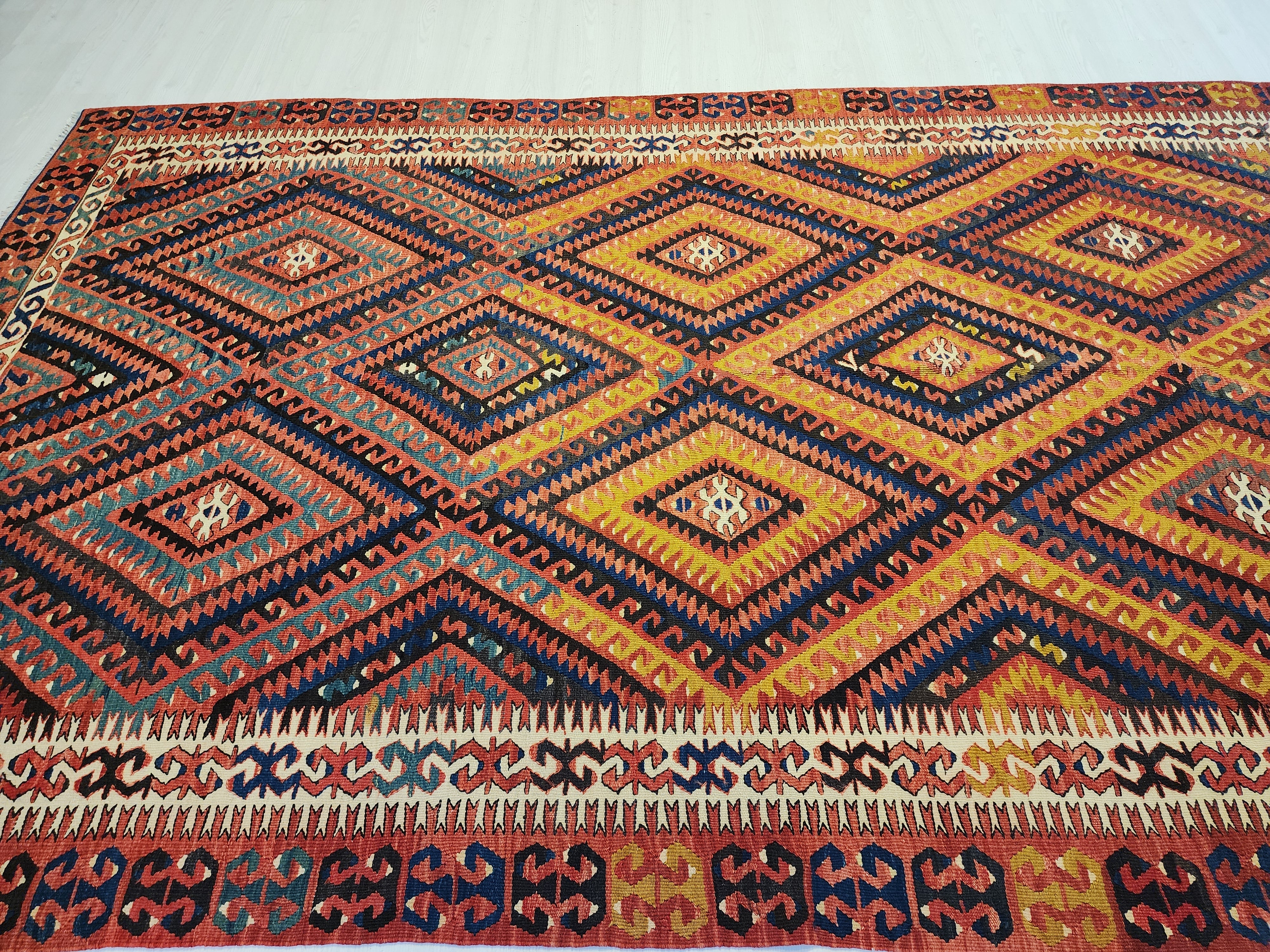 Vintage Fethiye Kilim Rug, Handwoven Turkish Wool Tribal Rug, Red Blue Geometric (5'10'' x 9'3'')