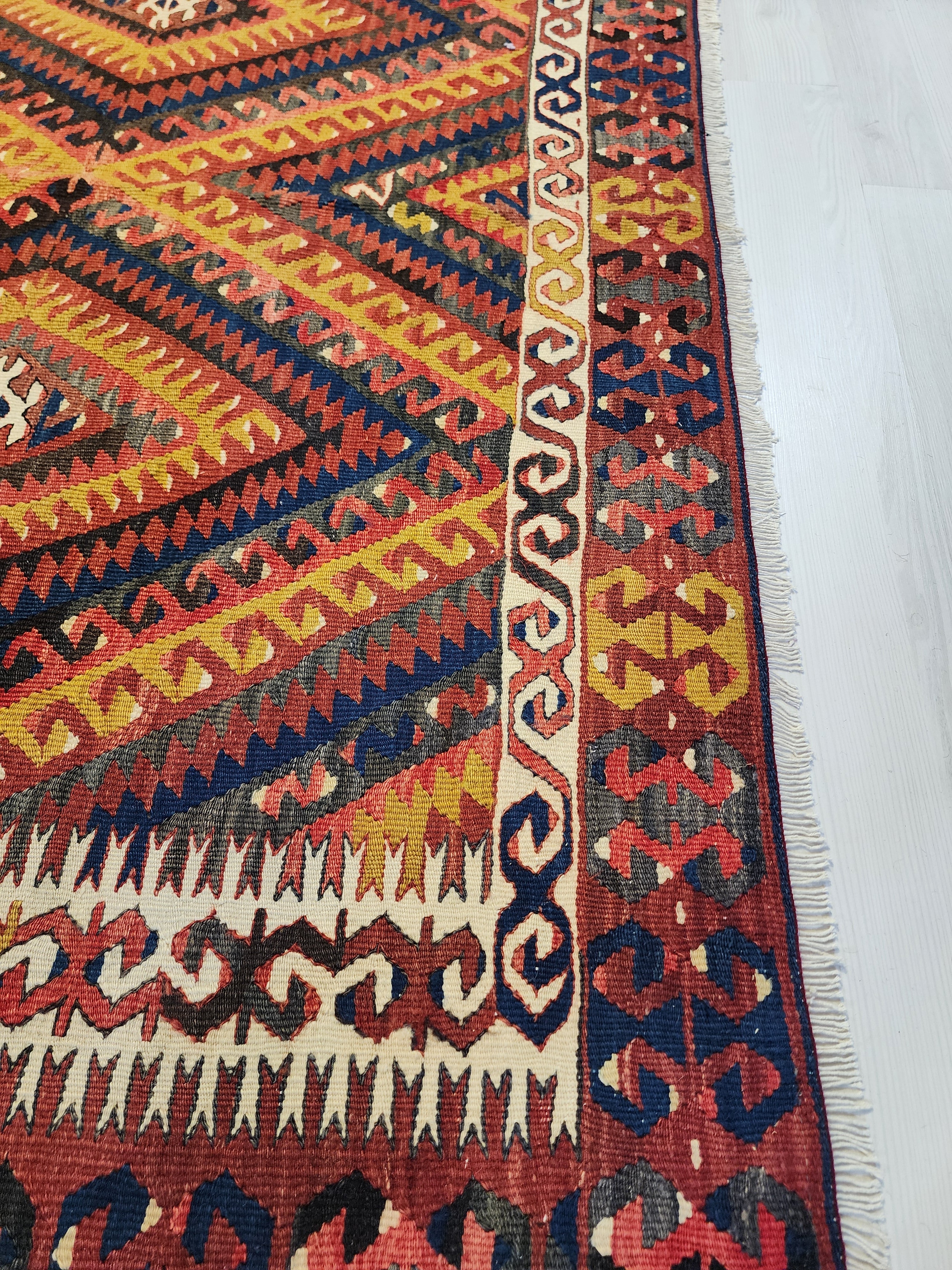 Vintage Fethiye Kilim Rug, Handwoven Turkish Wool Tribal Rug, Red Blue Geometric (5'10'' x 9'3'')