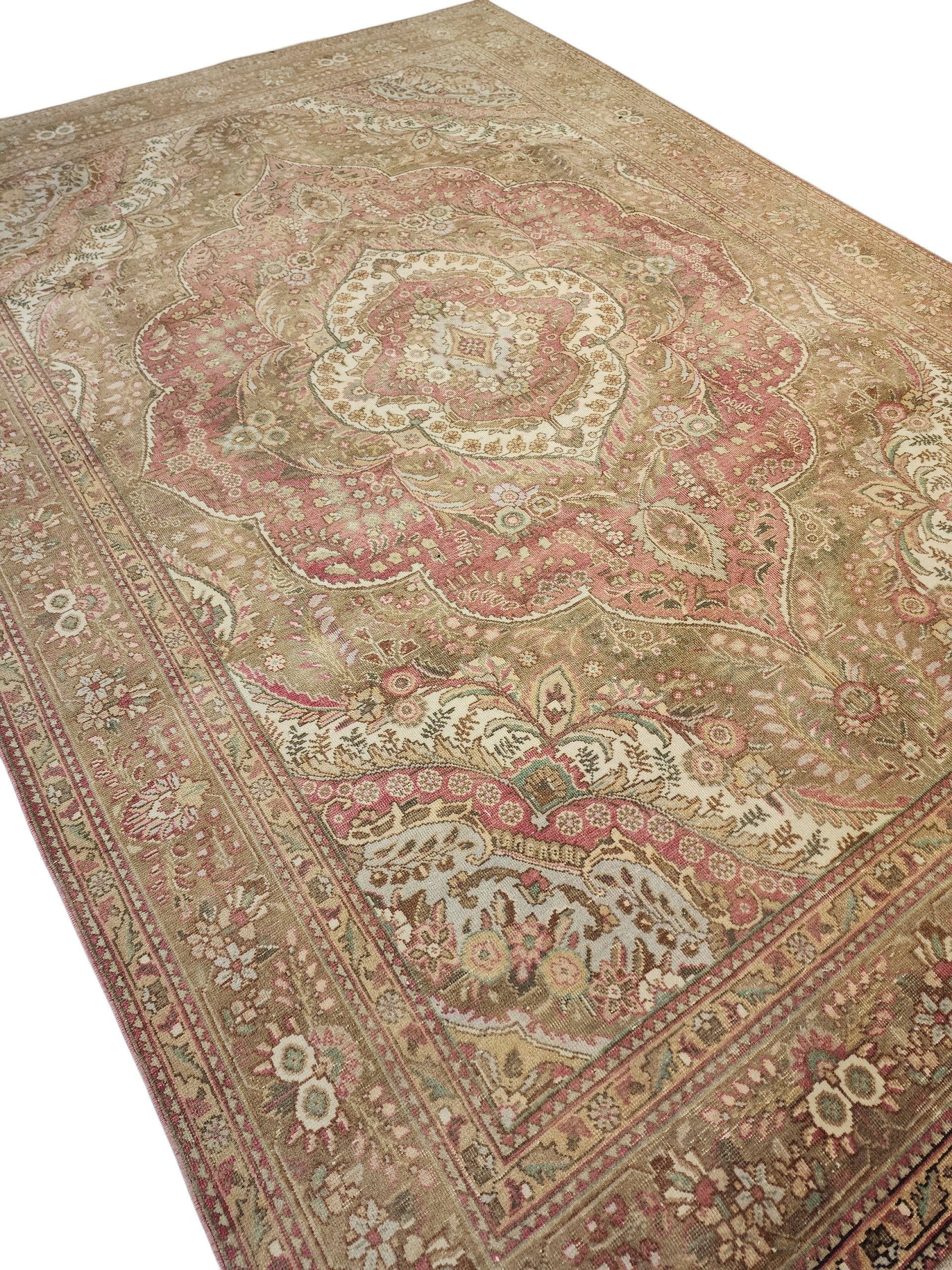 Vintage Oushak Rug, Muted Pink Beige Turkish Medallion Wool Carpet, Handwoven 7'6'' x 10'9''