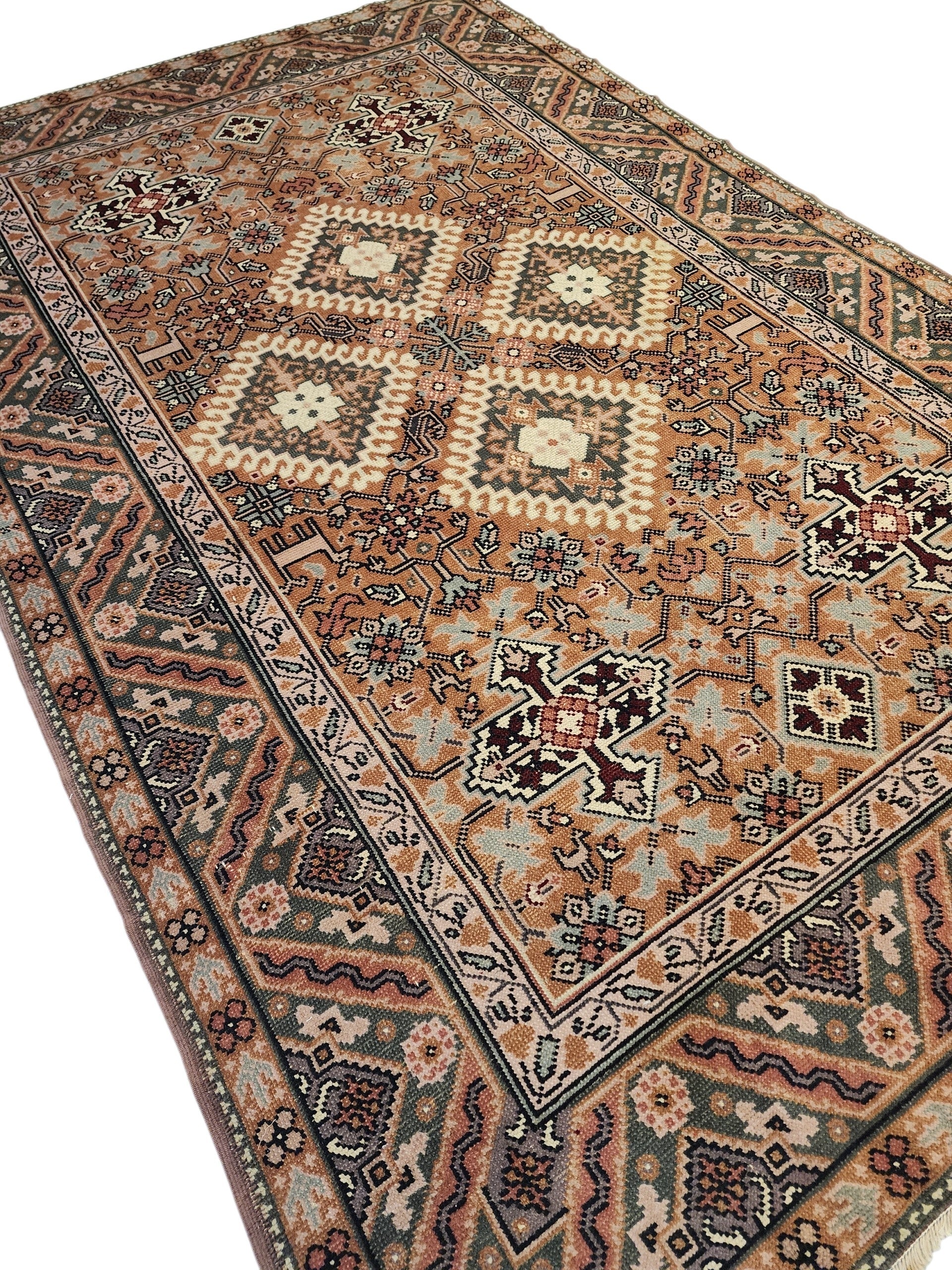 Vintage Oushak Rug 6.5x10 ft, Geometric Turkish Wool Carpet, Muted Warm Brown Anatolian