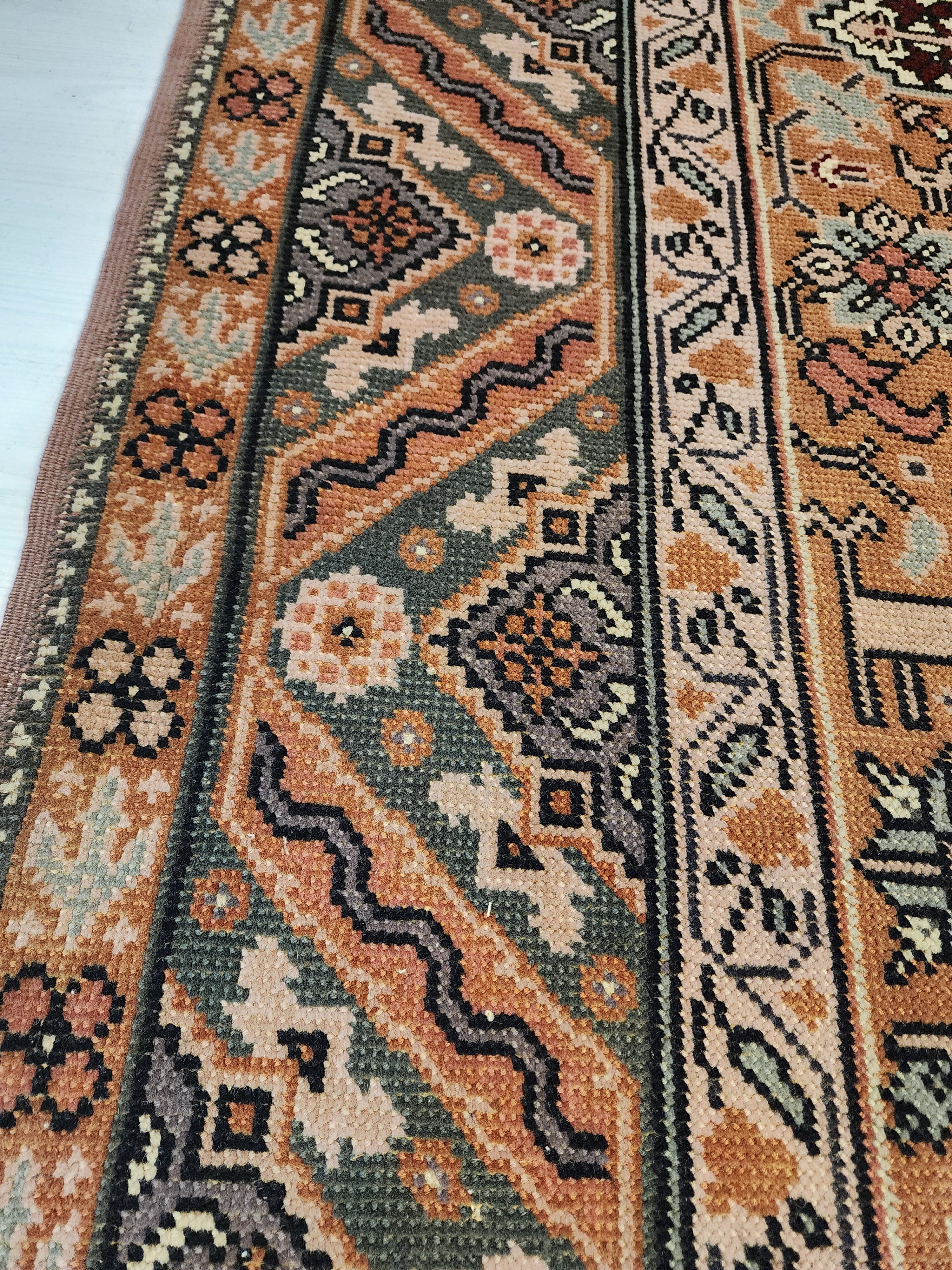 Vintage Oushak Rug 6.5x10 ft, Geometric Turkish Wool Carpet, Muted Warm Brown Anatolian
