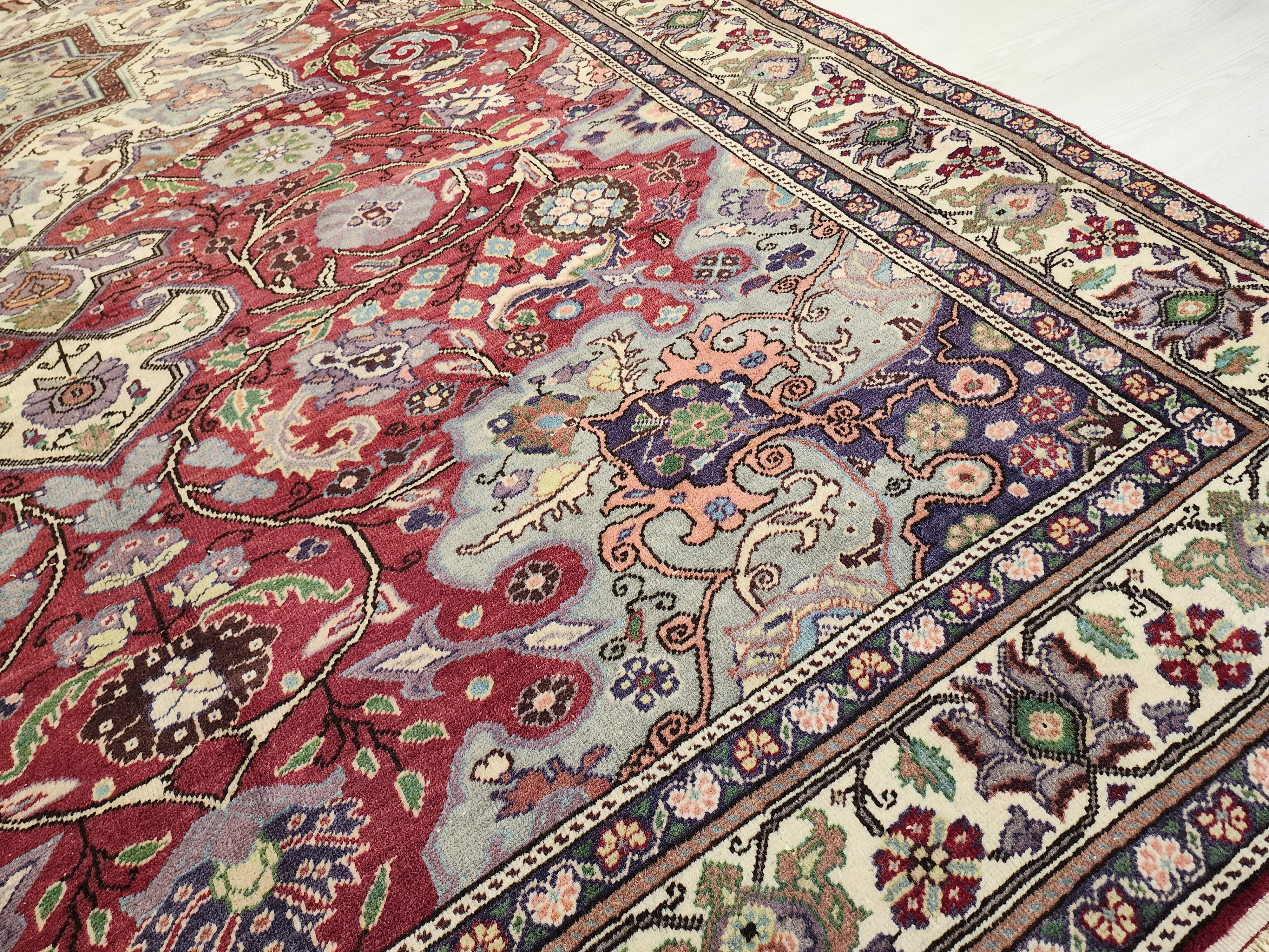 Vintage Turkish Handwoven Wool Rug, Red Cream Medallion Floral Carpet (6'6"x9'8")
