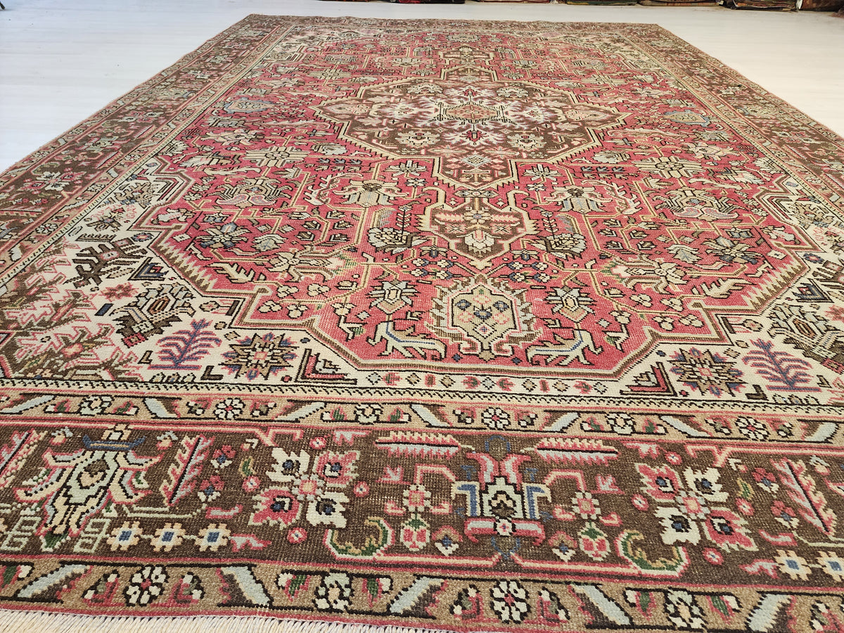 Vintage Turkish Wool Medallion Rug, Pink Brown Handwoven Carpet, Oversized Anatolian Living Room
