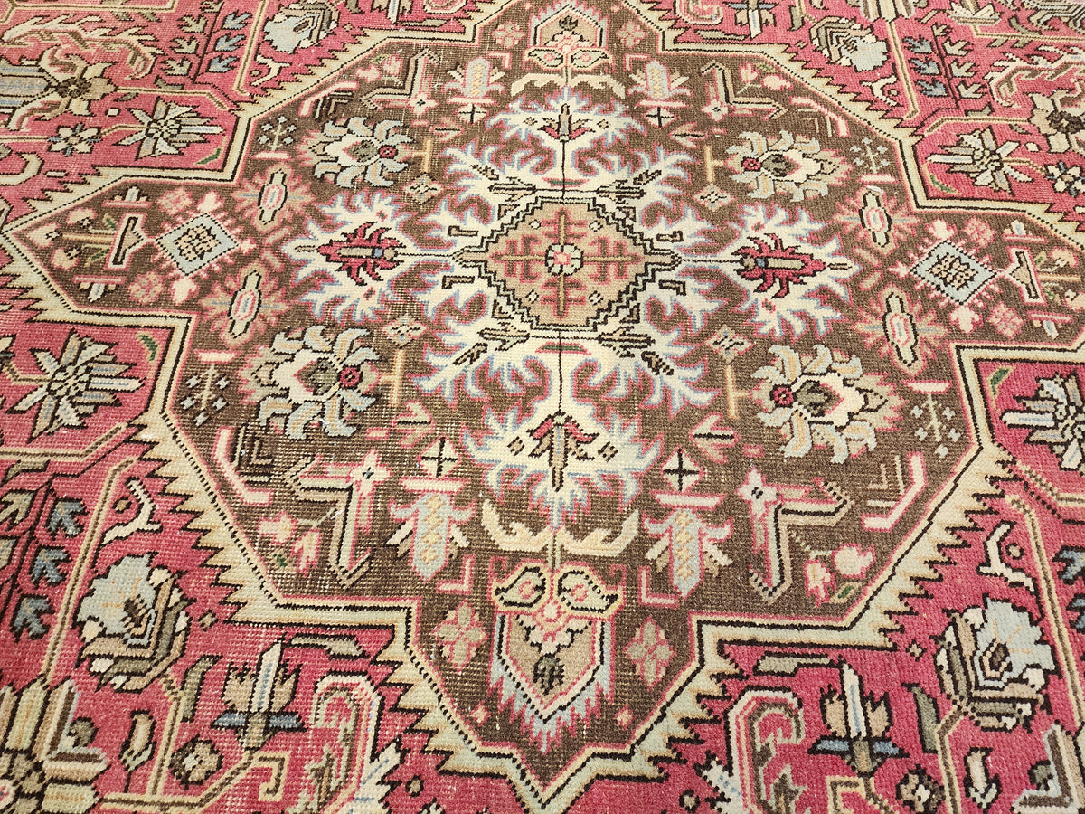 Vintage Turkish Wool Medallion Rug, Pink Brown Handwoven Carpet, Oversized Anatolian Living Room