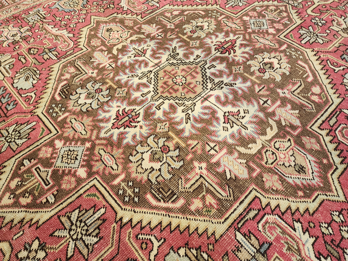Vintage Turkish Wool Medallion Rug, Pink Brown Handwoven Carpet, Oversized Anatolian Living Room