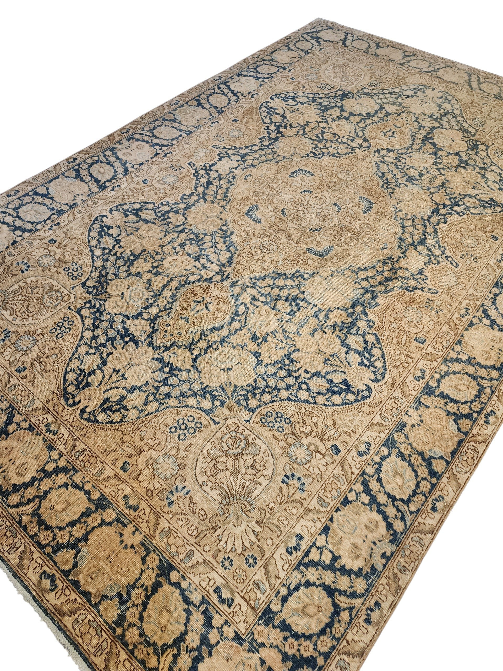 Vintage Oriental Rug, Large Hand Knotted Wool Turkish Area Rug, Beige Indigo Blue Medallion Carpet, 6'8'' x 10'4''
