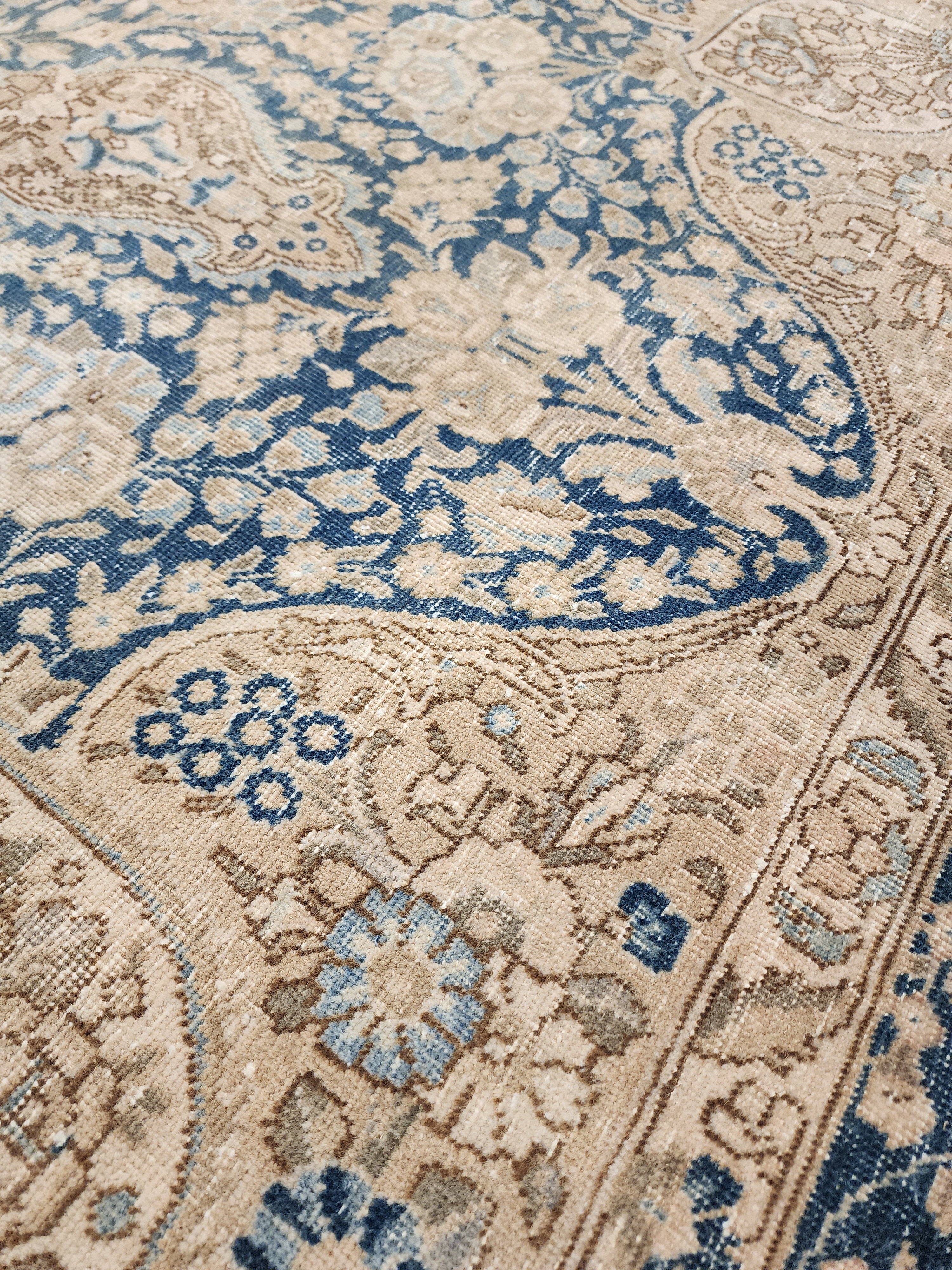 Vintage Oriental Rug, Large Hand Knotted Wool Turkish Area Rug, Beige Indigo Blue Medallion Carpet, 6'8'' x 10'4''