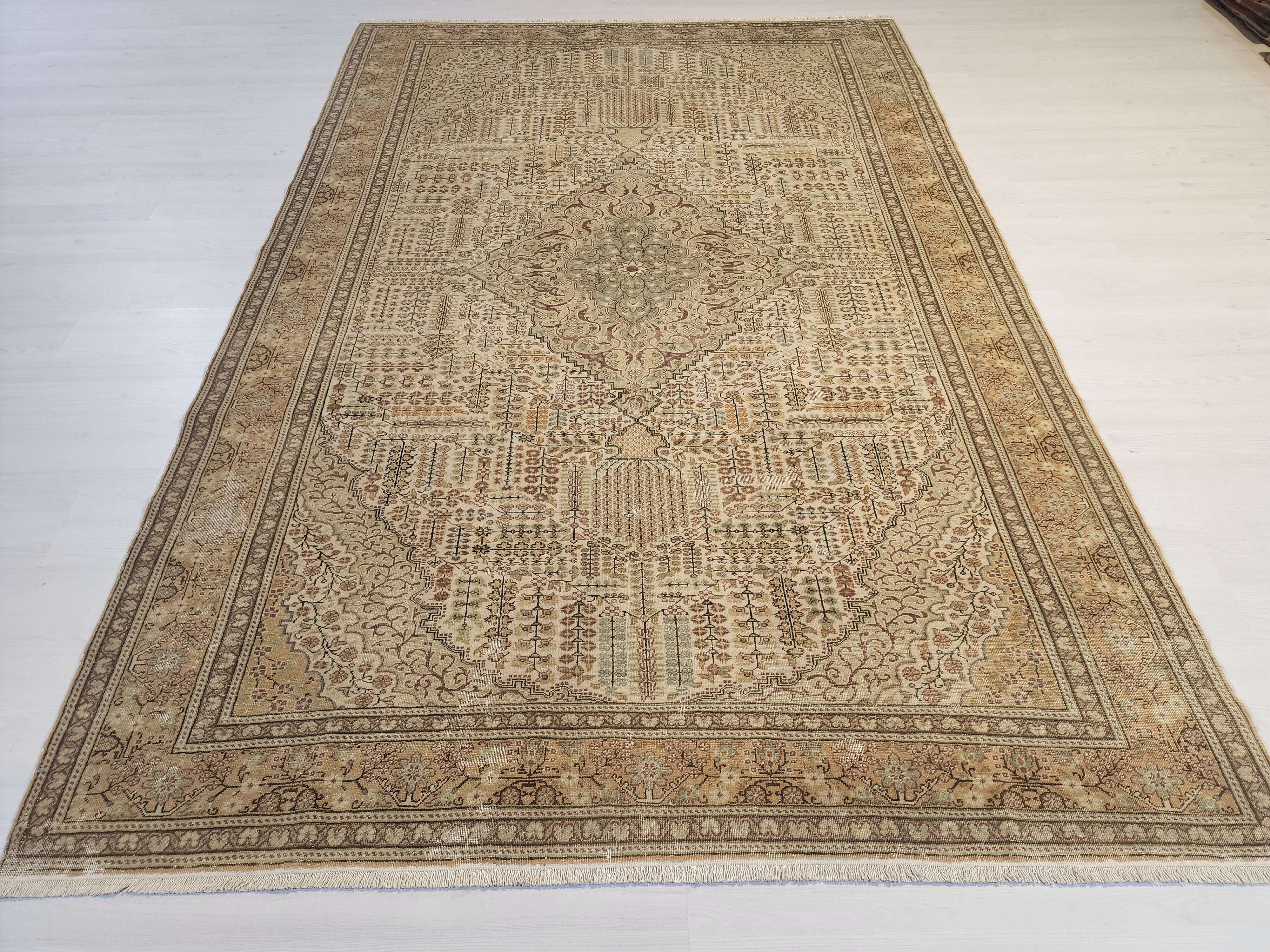 Vintage Kayseri Rug, Large Handwoven Wool Carpet, Muted Beige Olive Green Medallion