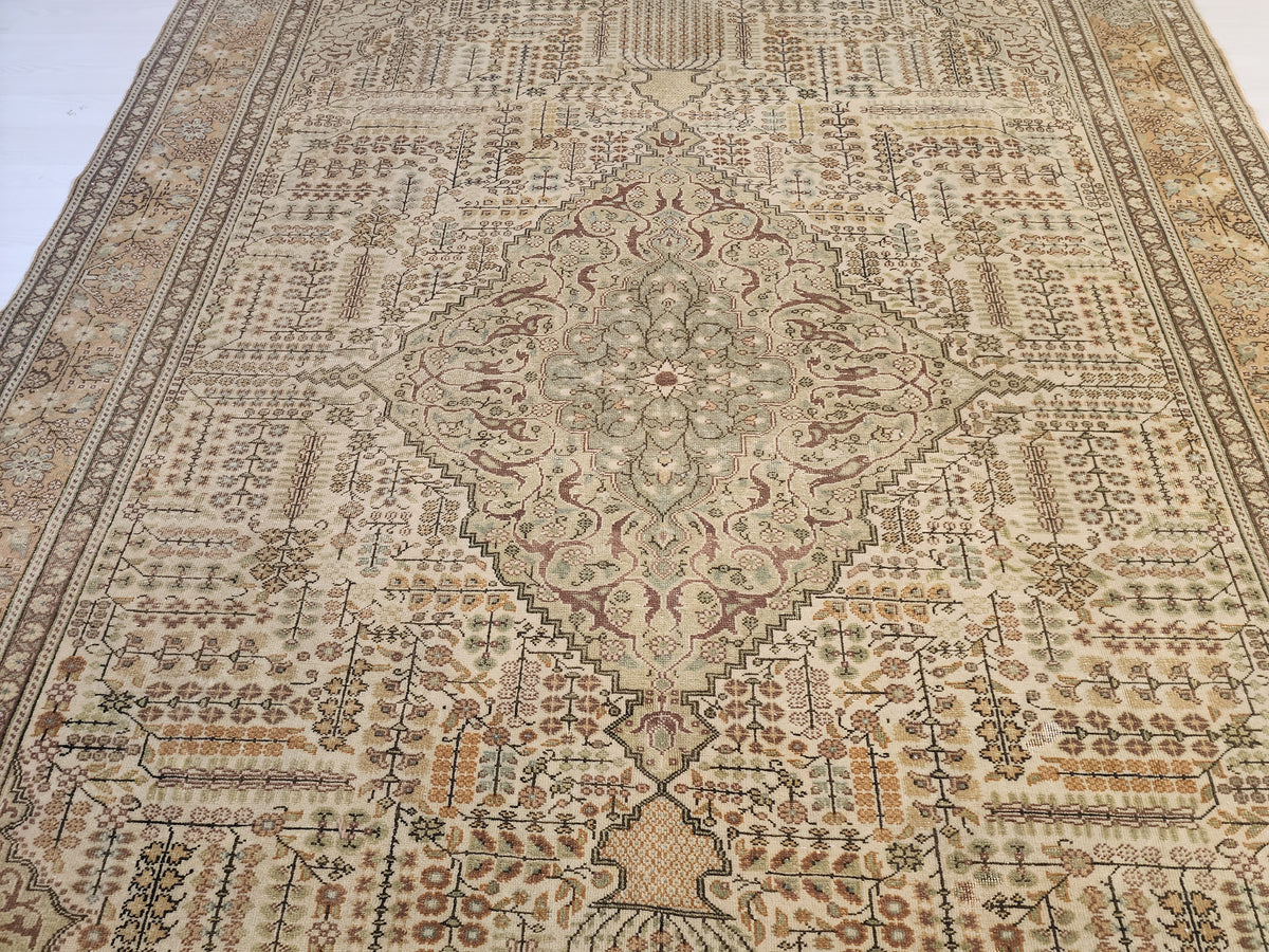Vintage Kayseri Rug, Large Handwoven Wool Carpet, Muted Beige Olive Green Medallion