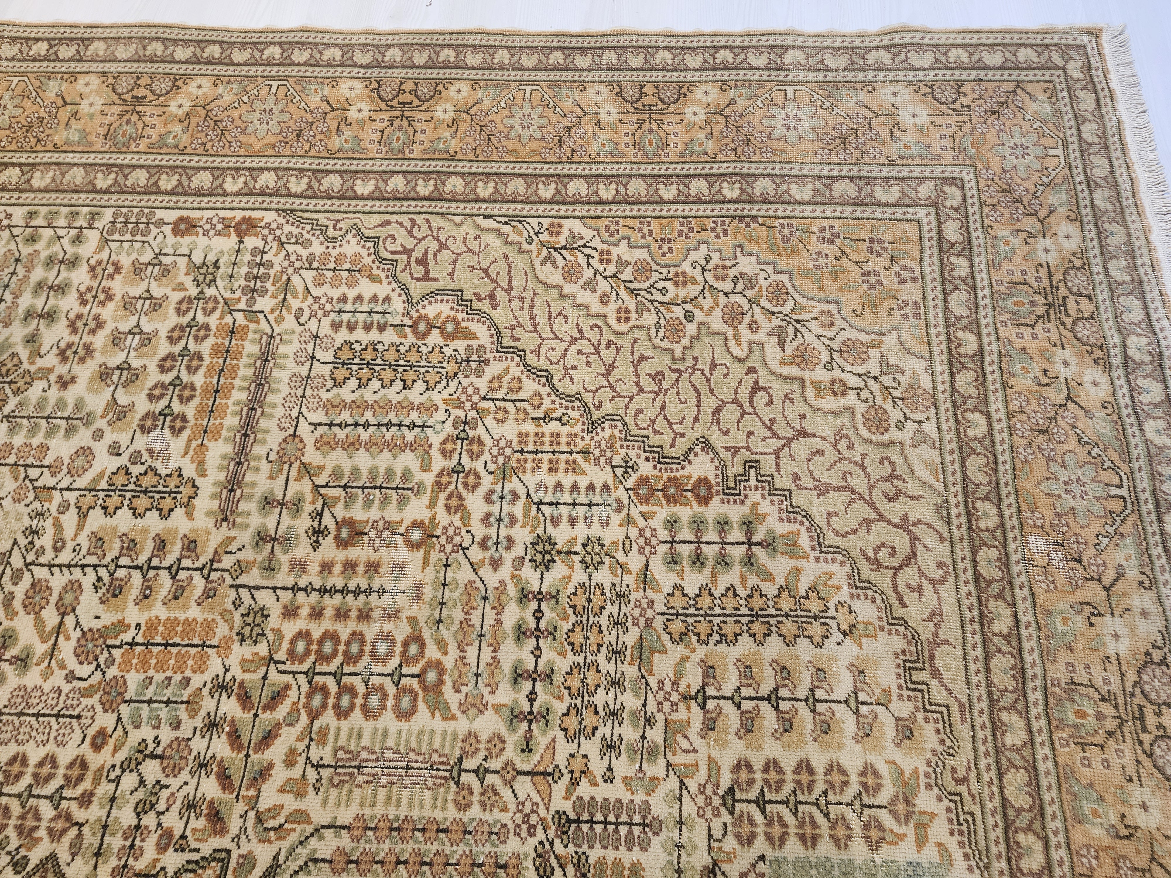Vintage Kayseri Rug, Large Handwoven Wool Carpet, Muted Beige Olive Green Medallion
