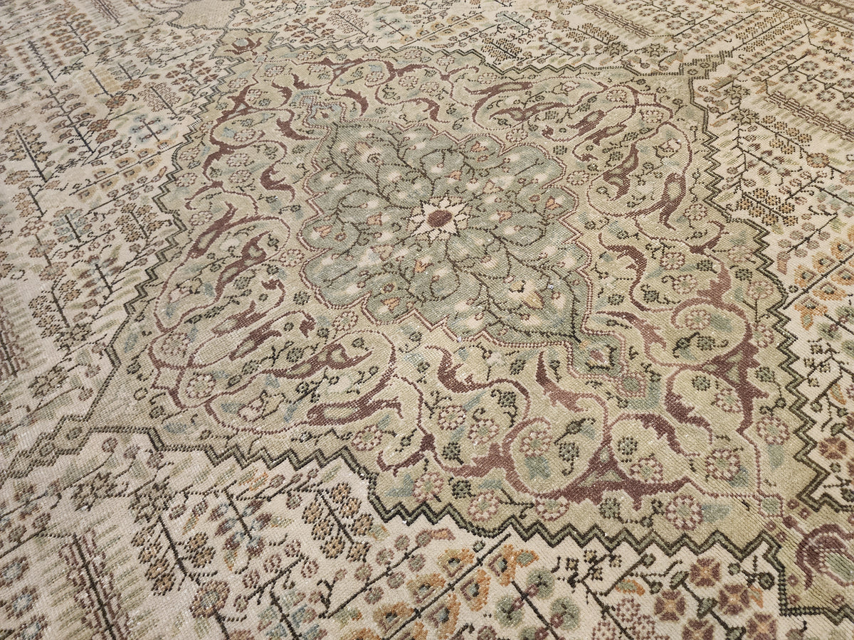 Vintage Kayseri Rug, Large Handwoven Wool Carpet, Muted Beige Olive Green Medallion