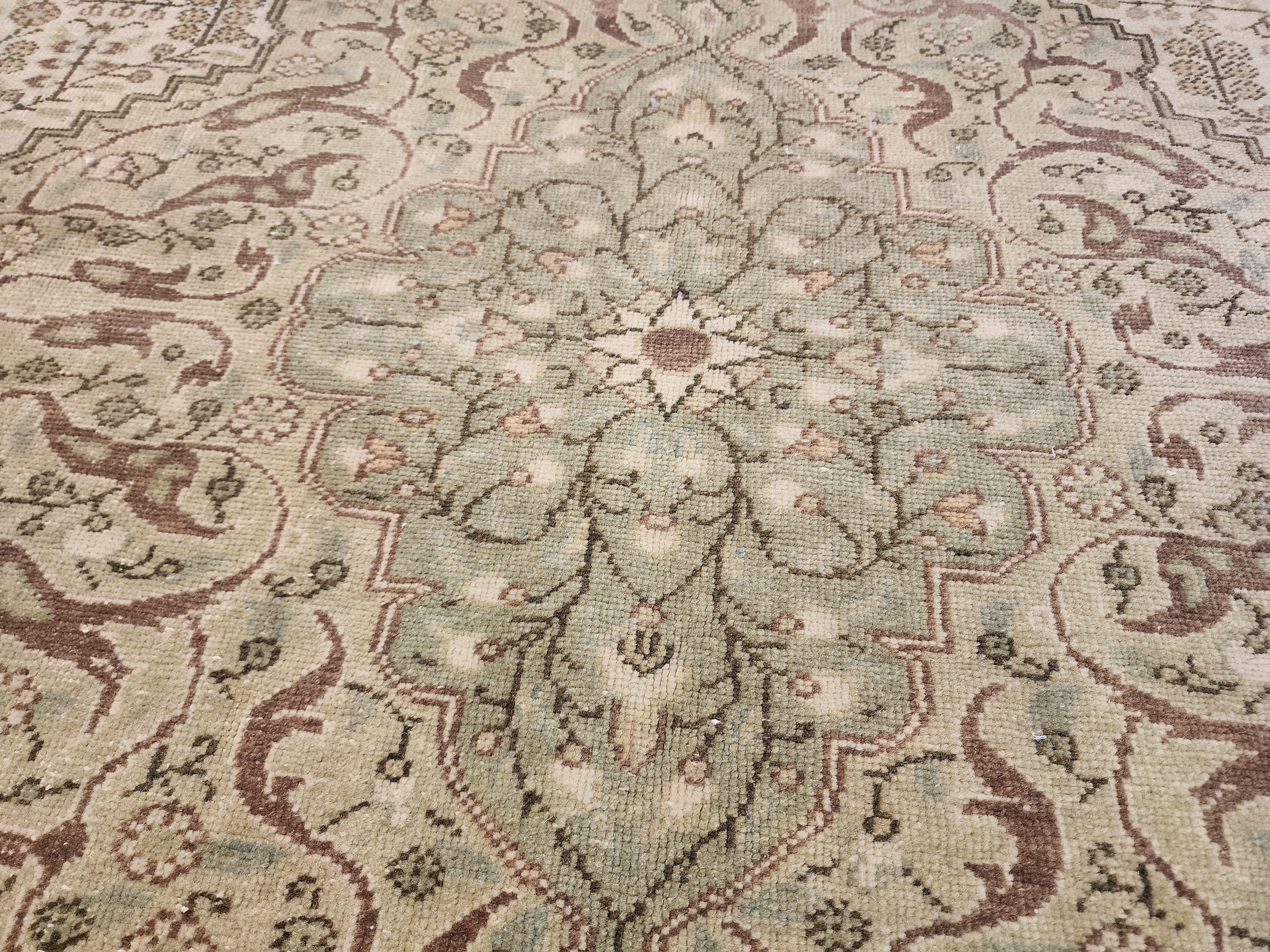 Vintage Kayseri Rug, Large Handwoven Wool Carpet, Muted Beige Olive Green Medallion