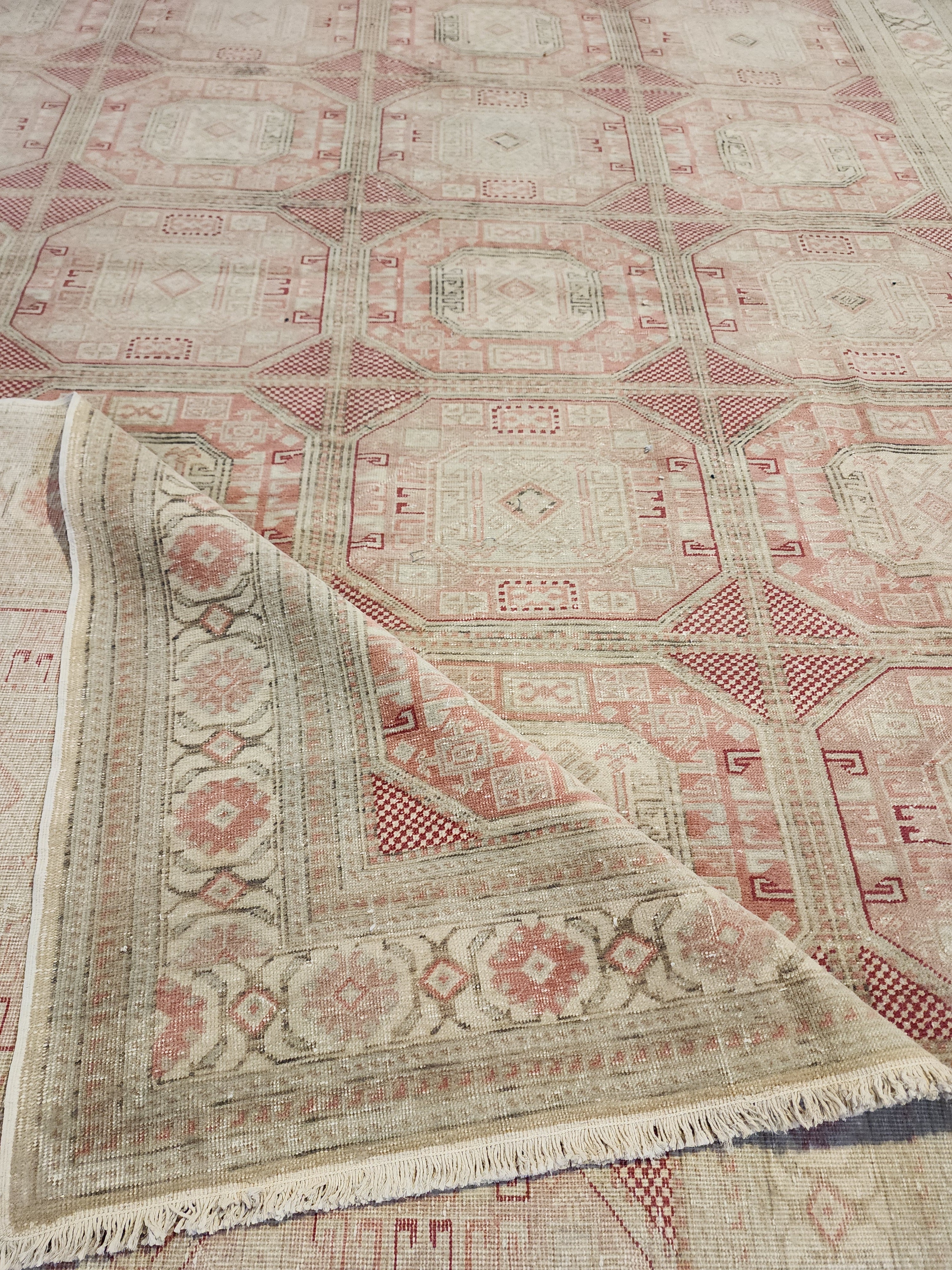 Muted Pastel Oushak Rug, Organic Wool Carpet, Ottoman Geometric Design, Farmhouse Area Rug