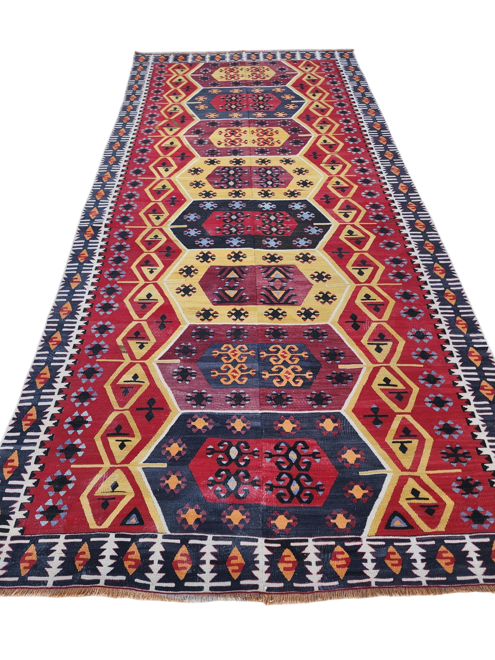 Antique Sivas Kilim Rug, Handmade Organic Wool Vintage Rug, Boho Rustic Anatolian Home Decor, Moroccan Carpet Persian Area Rug 12'3" x 5'9"
