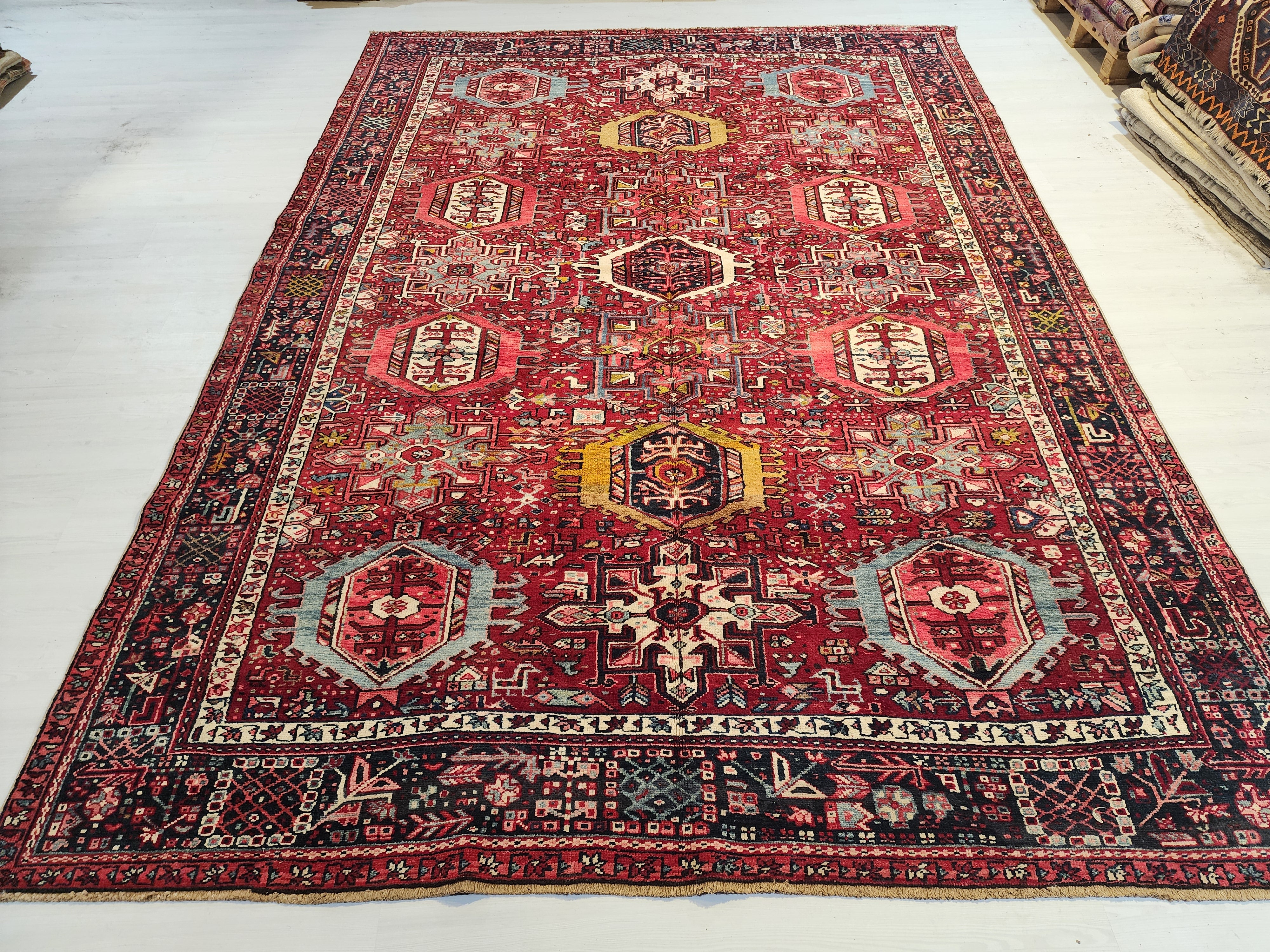 Oversized Persian Style Rug: 11 x 8 ft, Handwoven Wool Medallion, Red Blue Brown