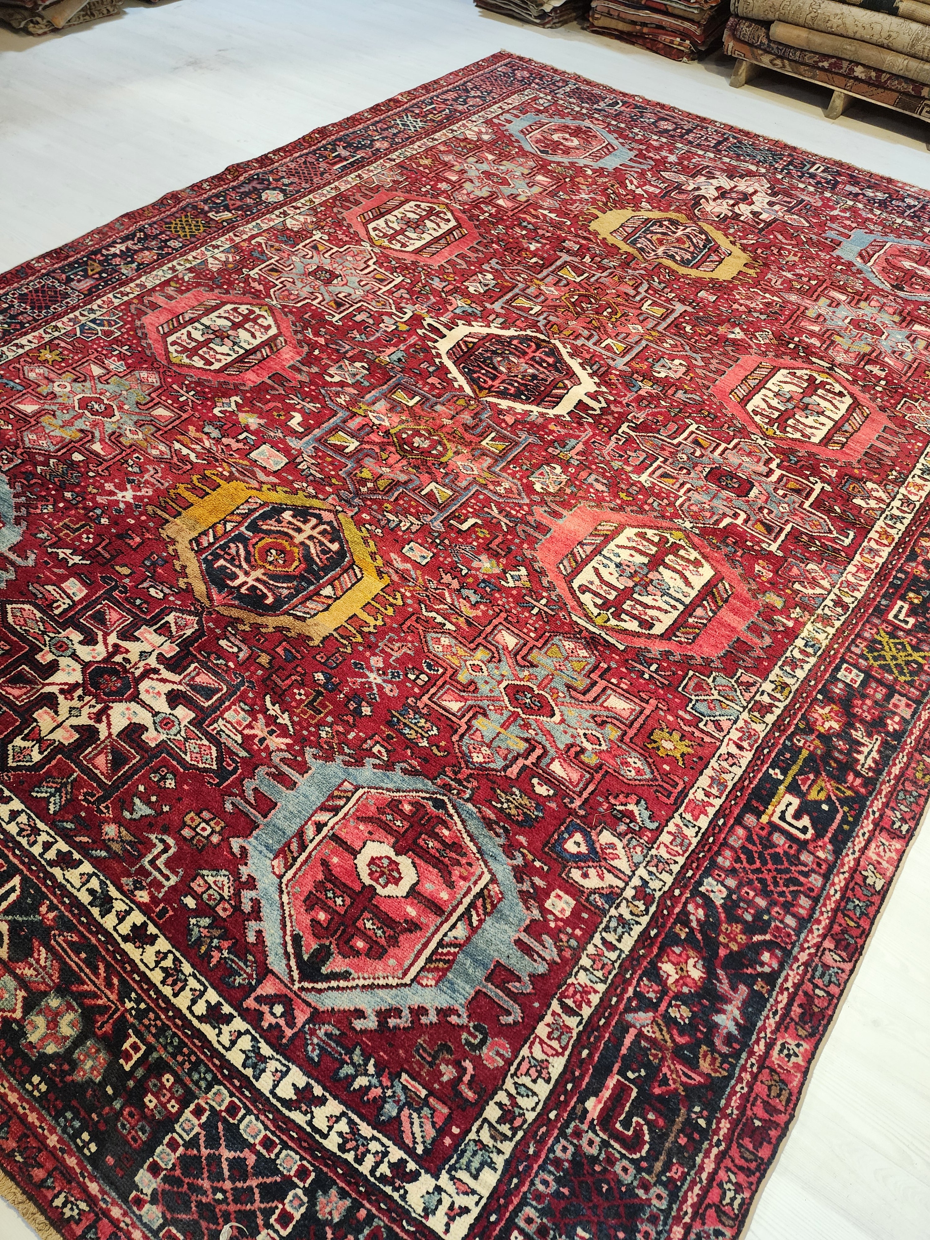 Oversized Persian Style Rug: 11 x 8 ft, Handwoven Wool Medallion, Red Blue Brown