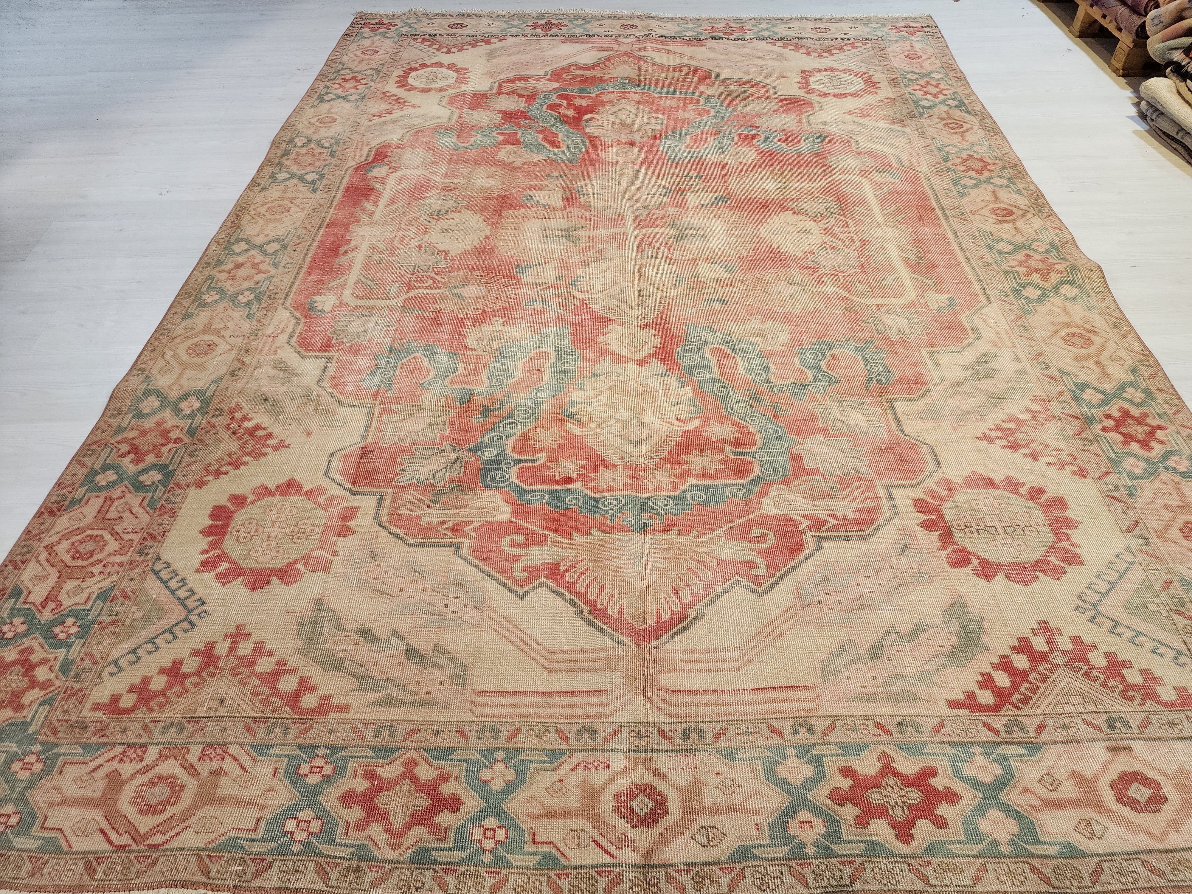 Antique Persian Style Rug: Large 11x7 Pale Pink & Blue, Handmade Wool