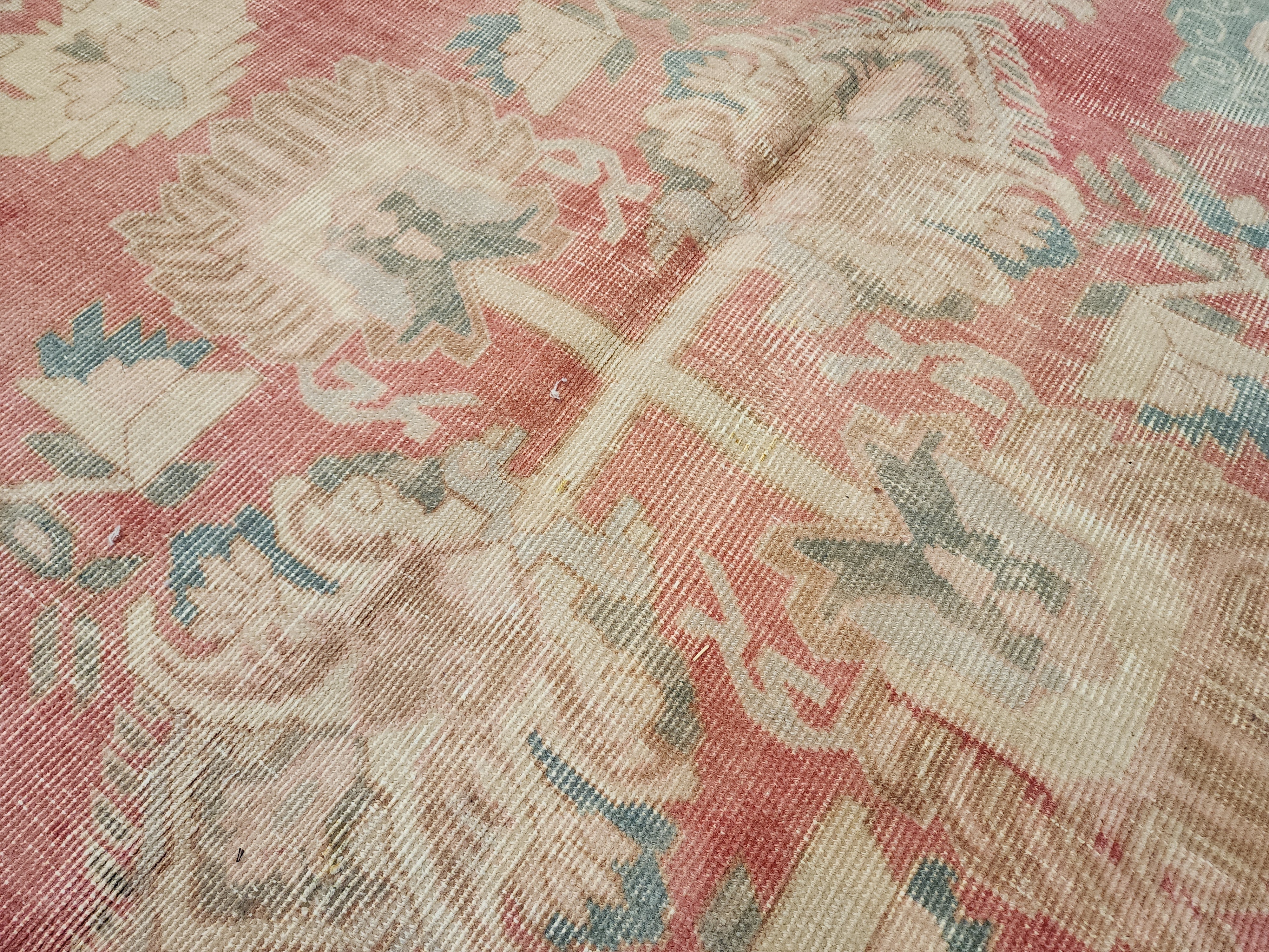 Antique Persian Style Rug: Large 11x7 Pale Pink & Blue, Handmade Wool