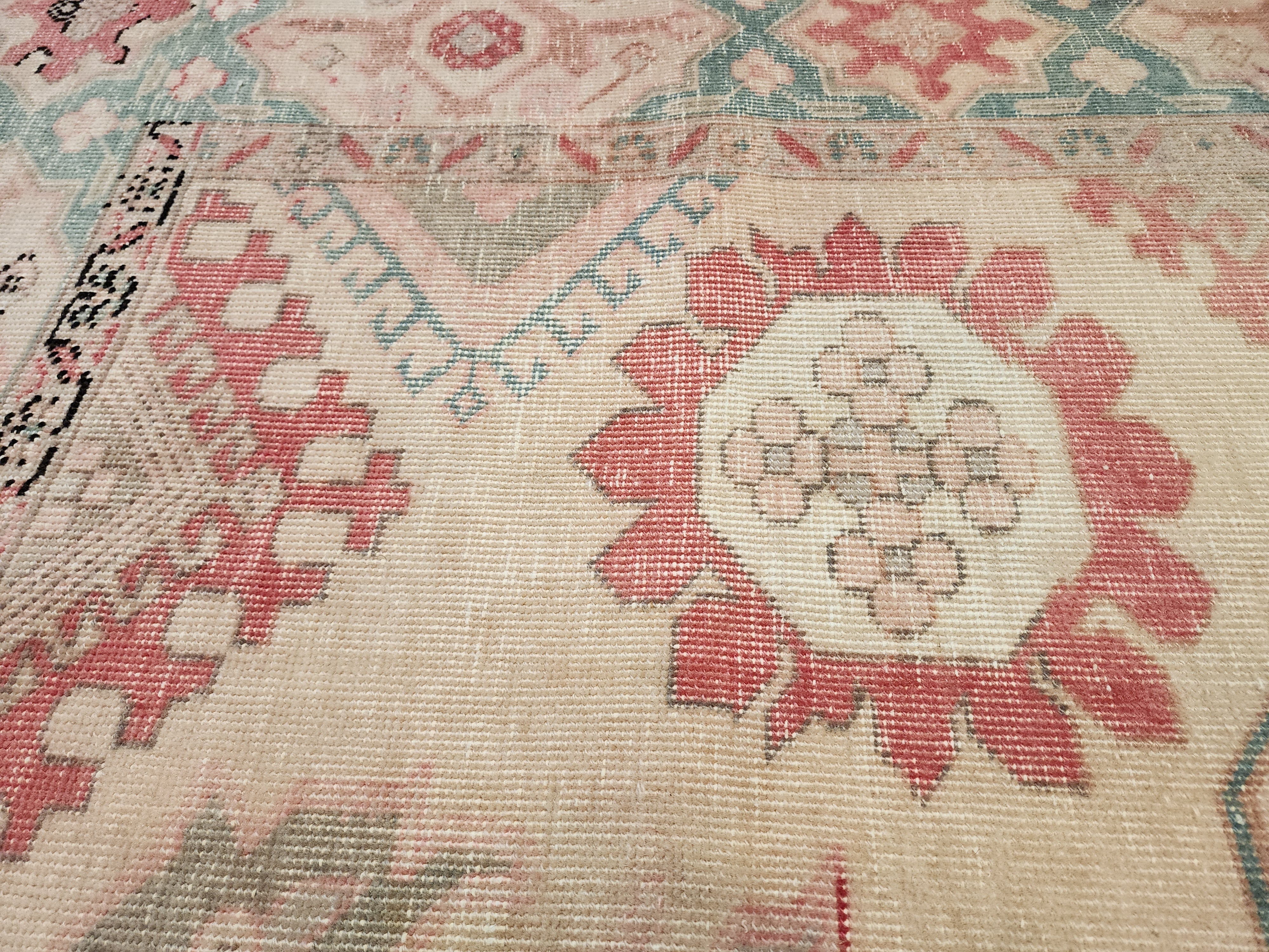 Antique Persian Style Rug: Large 11x7 Pale Pink & Blue, Handmade Wool