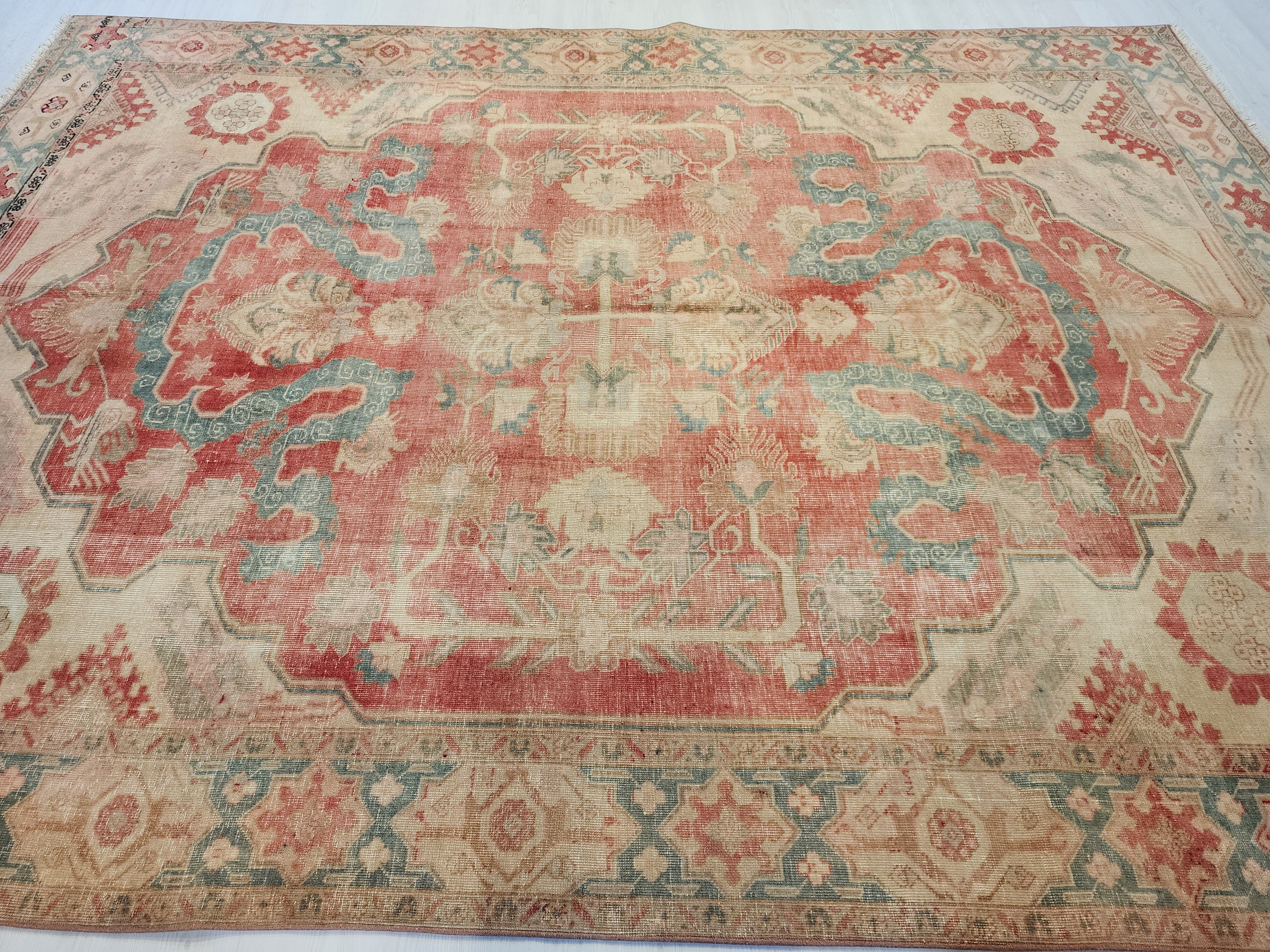 Antique Persian Style Rug: Large 11x7 Pale Pink & Blue, Handmade Wool