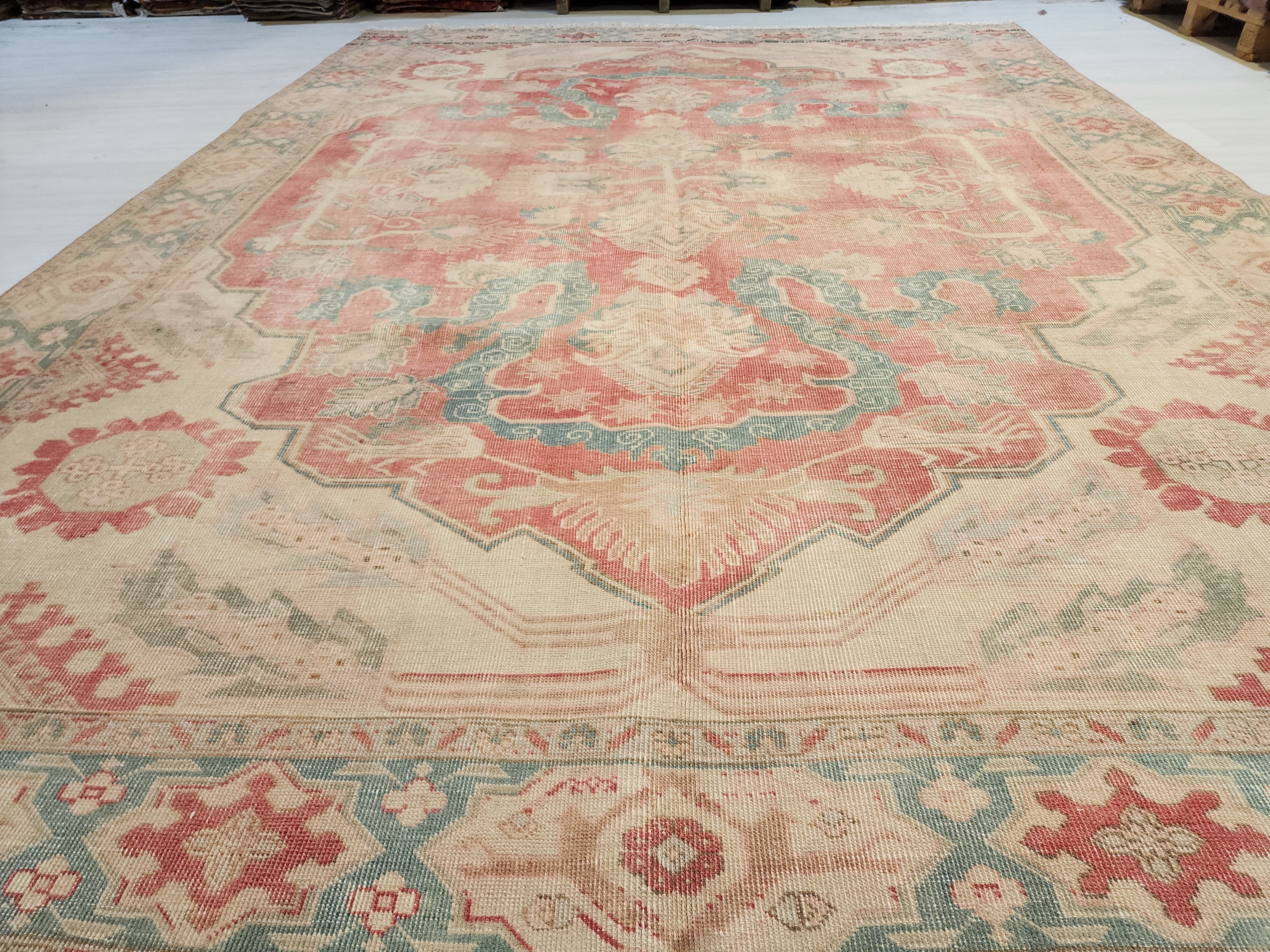 Antique Persian Style Rug: Large 11x7 Pale Pink & Blue, Handmade Wool