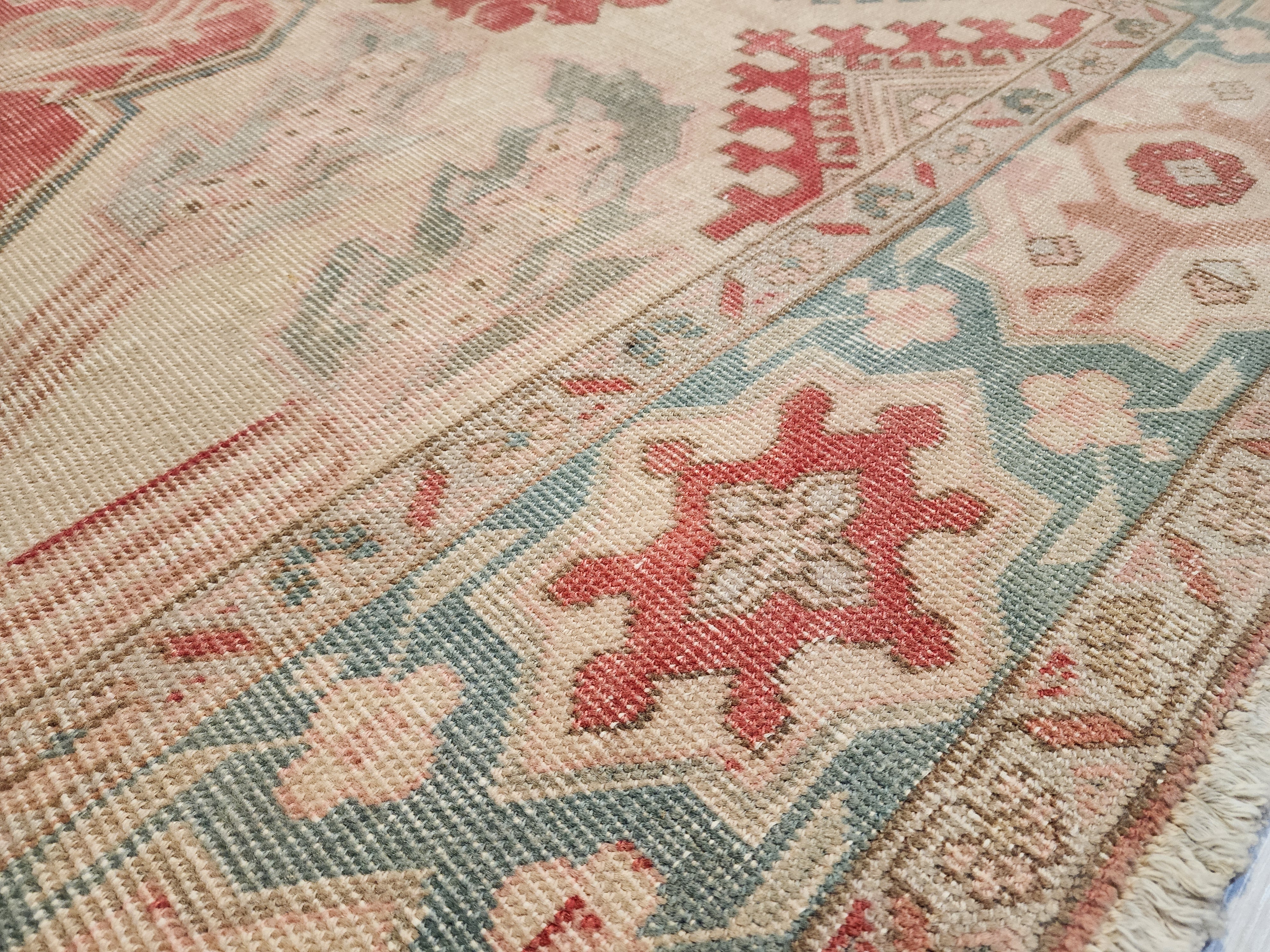 Antique Persian Style Rug: Large 11x7 Pale Pink & Blue, Handmade Wool