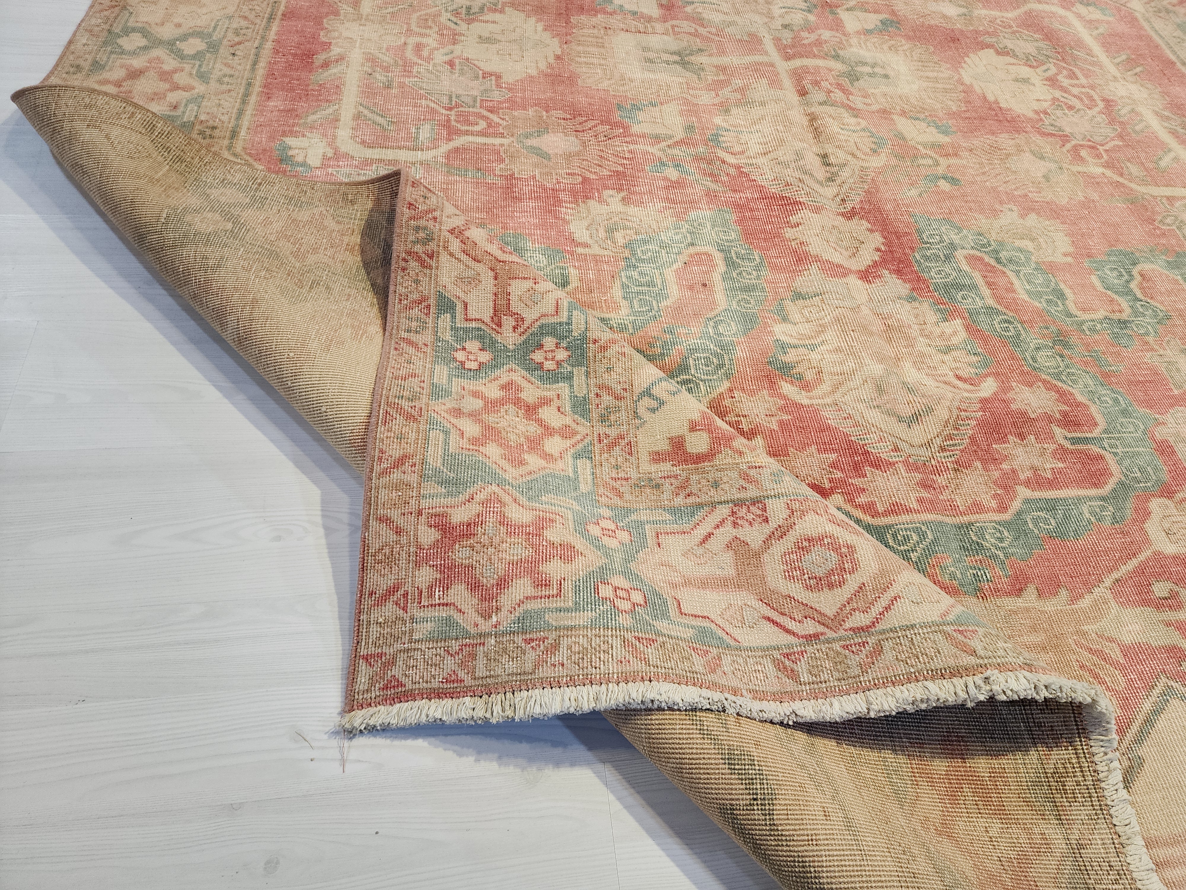 Antique Persian Style Rug: Large 11x7 Pale Pink & Blue, Handmade Wool