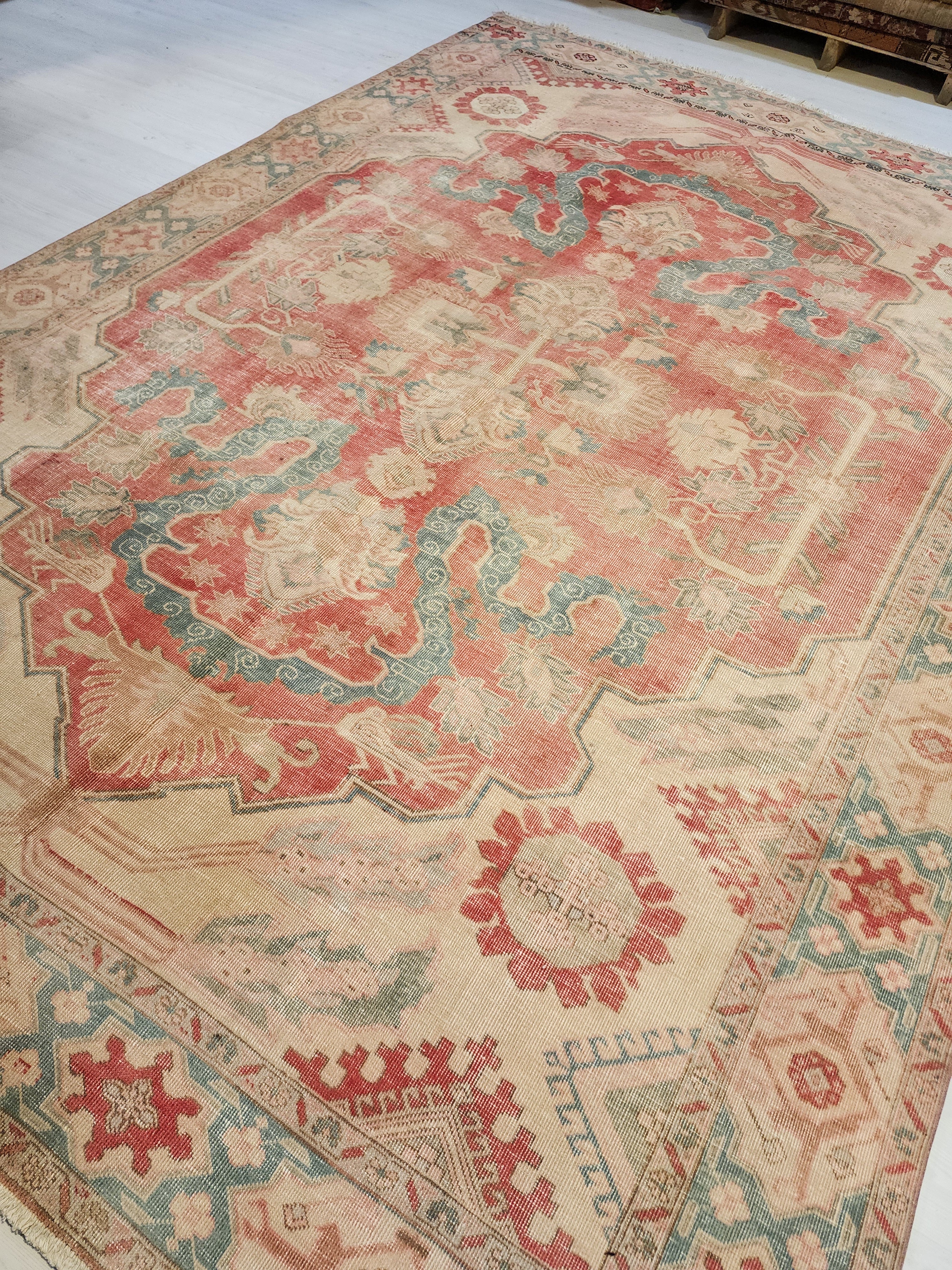 Antique Persian Style Rug: Large 11x7 Pale Pink & Blue, Handmade Wool