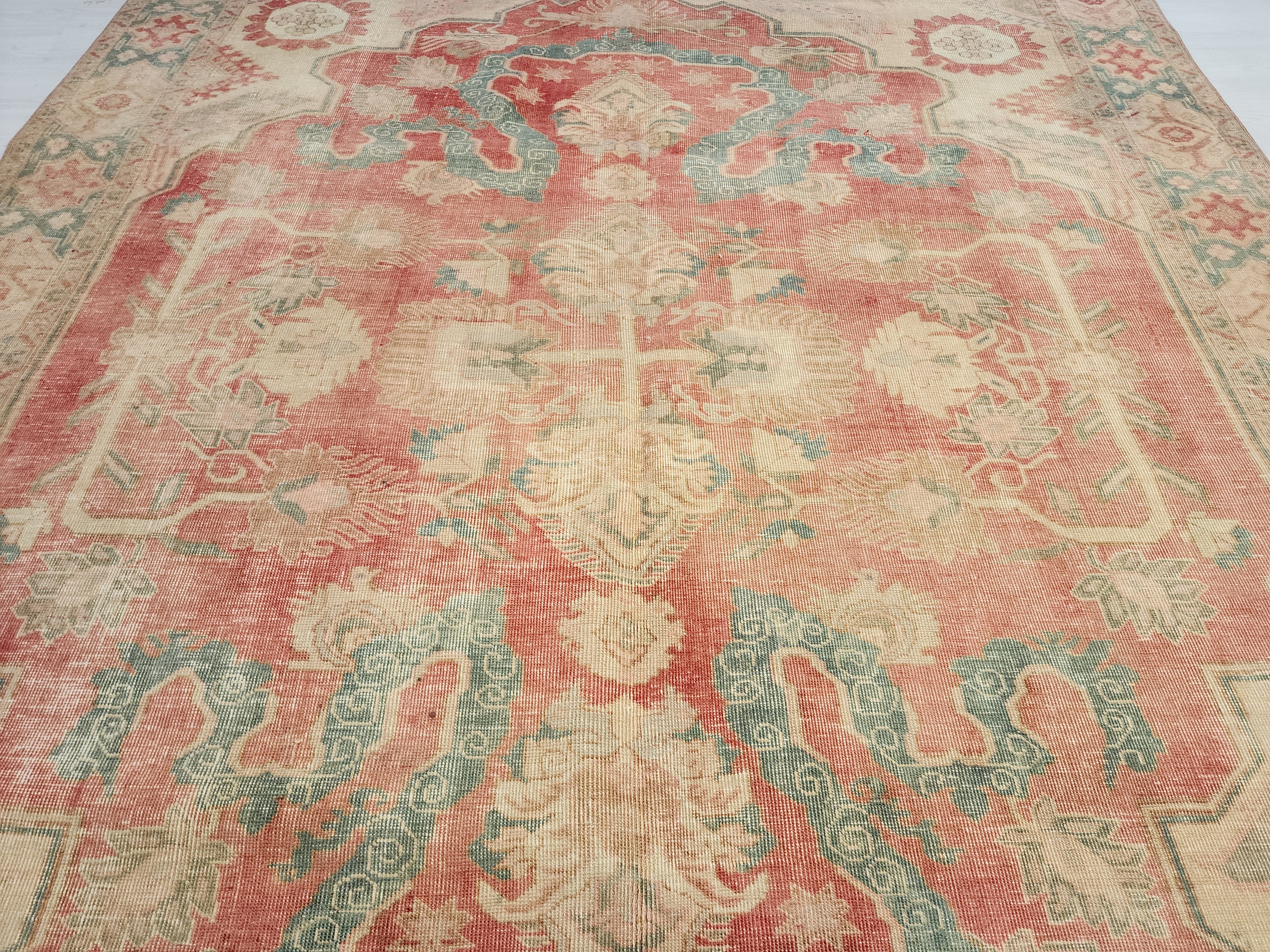 Antique Persian Style Rug: Large 11x7 Pale Pink & Blue, Handmade Wool