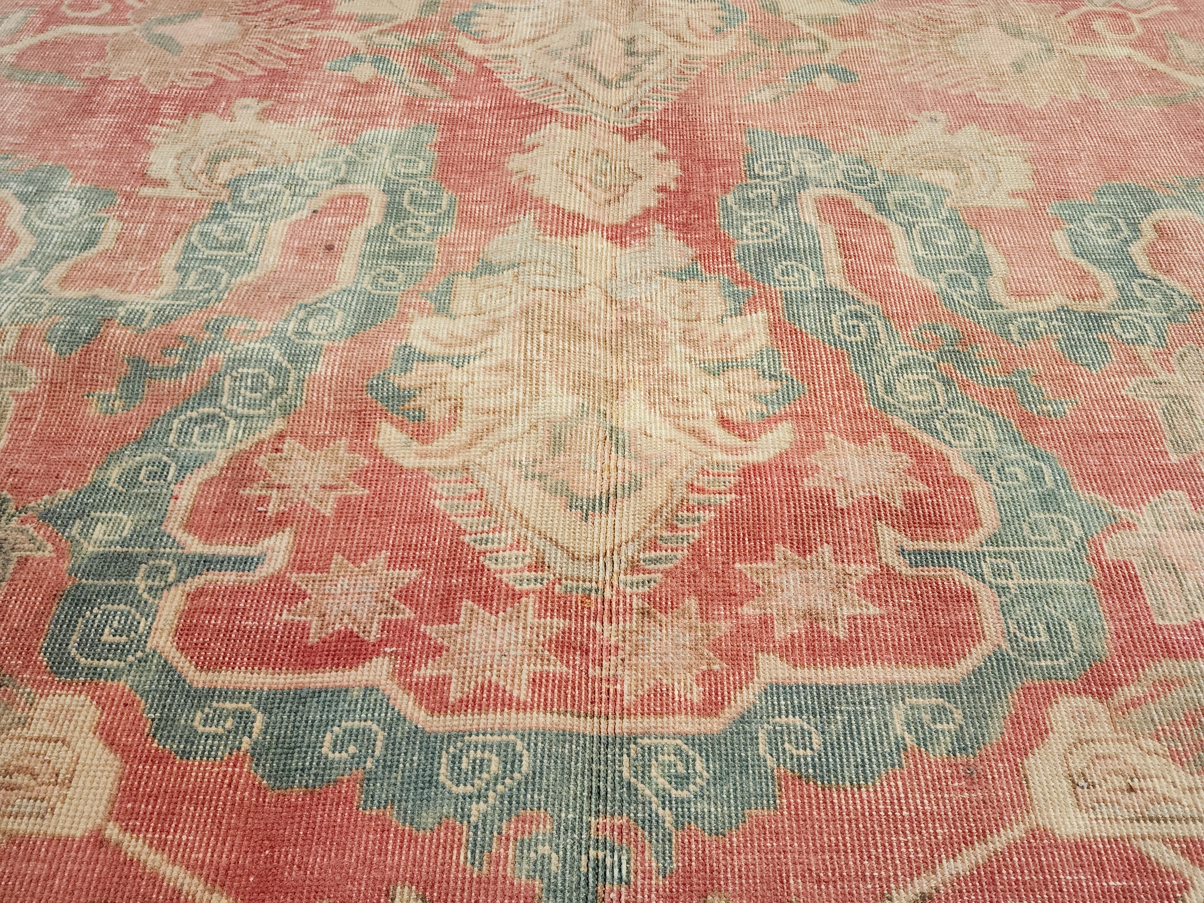 Antique Persian Style Rug: Large 11x7 Pale Pink & Blue, Handmade Wool