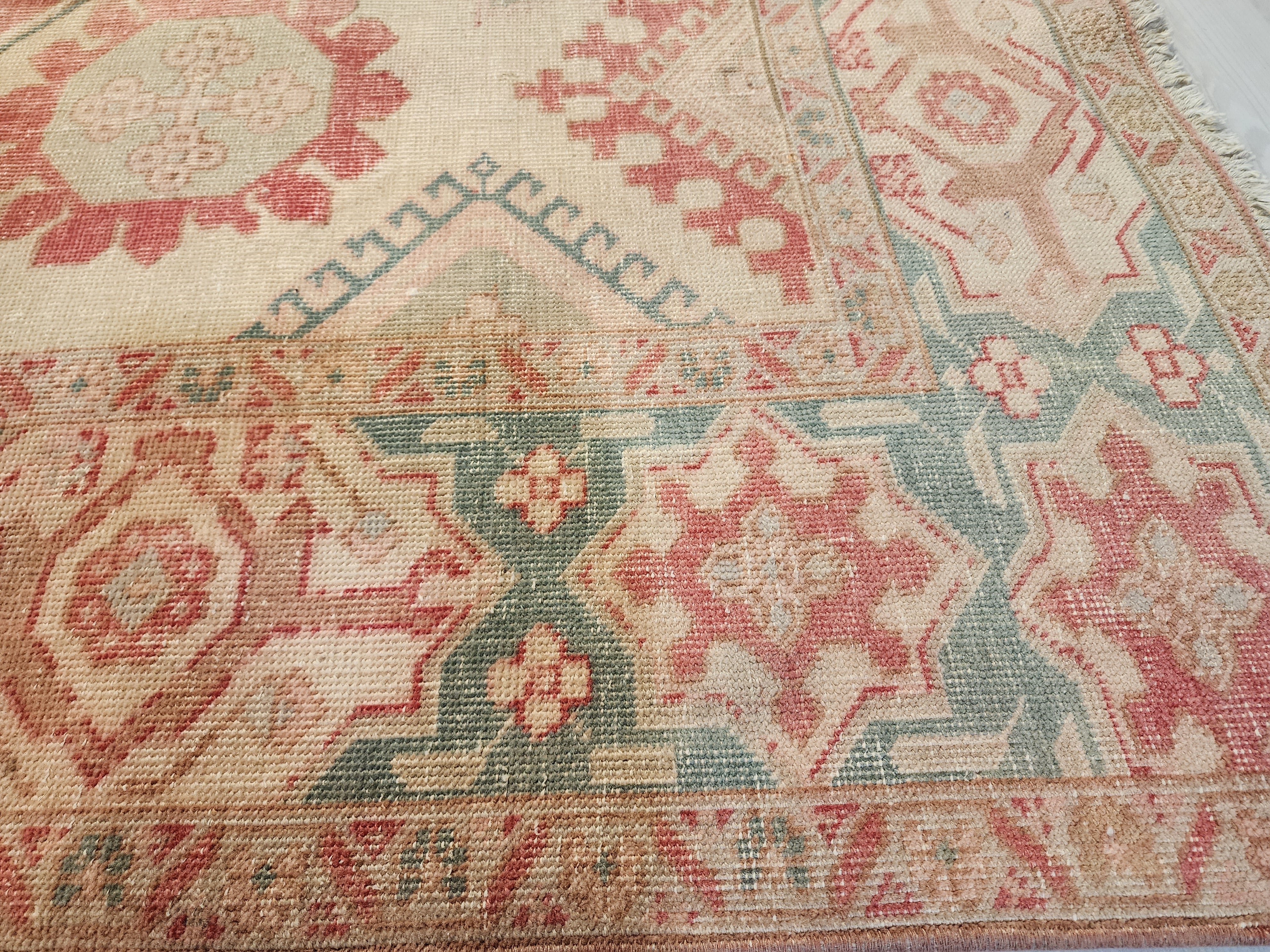 Antique Persian Style Rug: Large 11x7 Pale Pink & Blue, Handmade Wool
