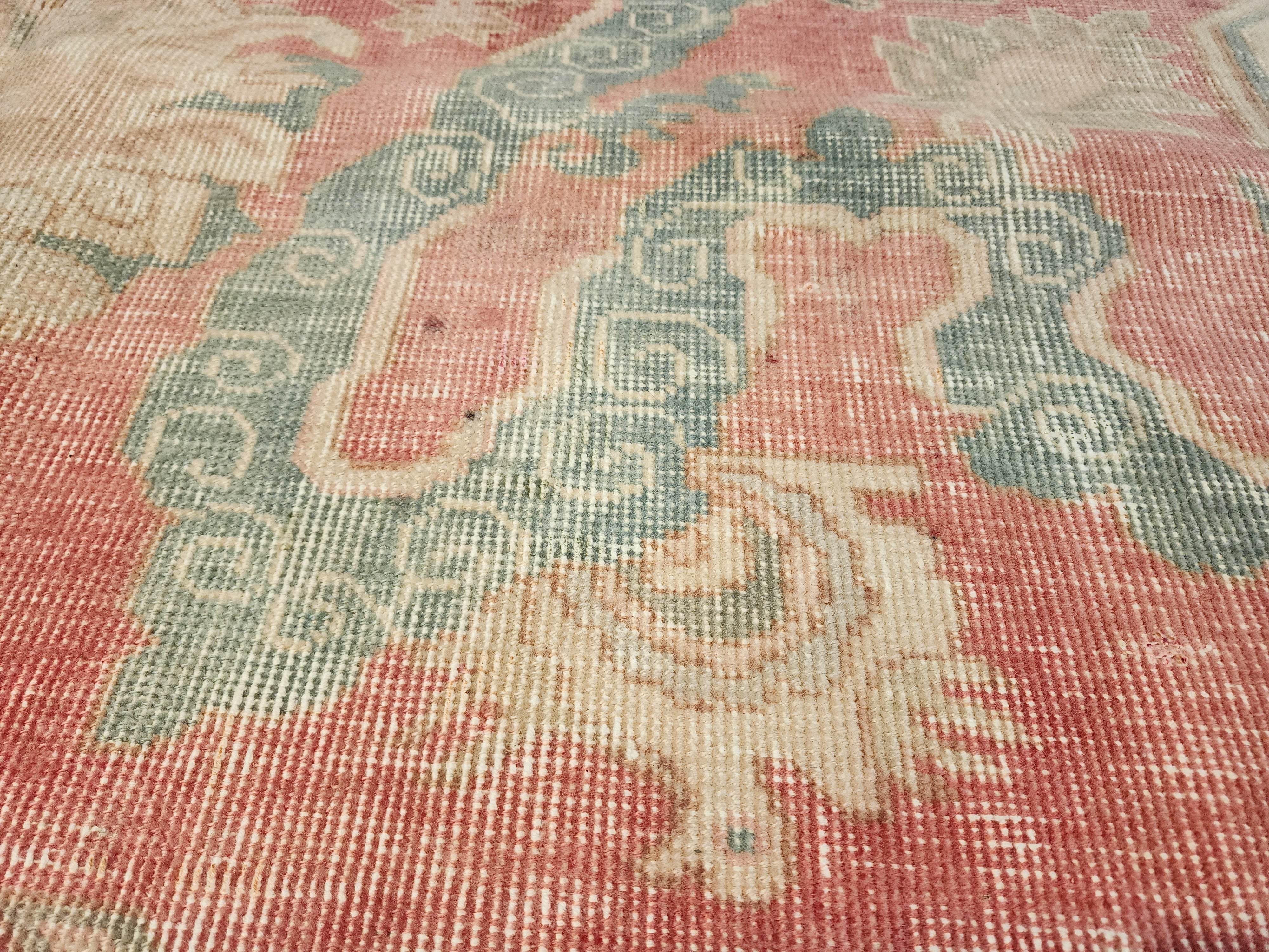 Antique Persian Style Rug: Large 11x7 Pale Pink & Blue, Handmade Wool