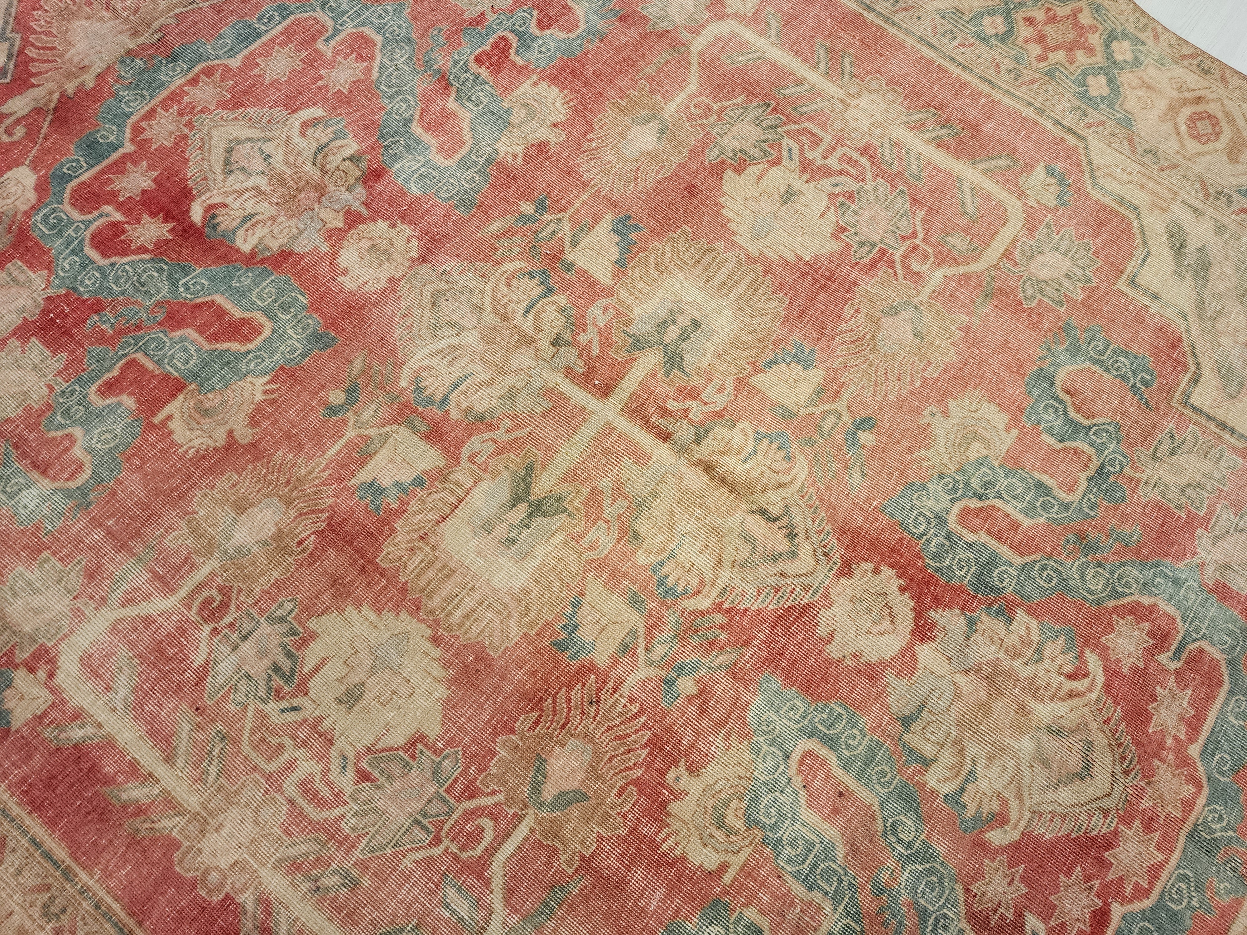 Antique Persian Style Rug: Large 11x7 Pale Pink & Blue, Handmade Wool