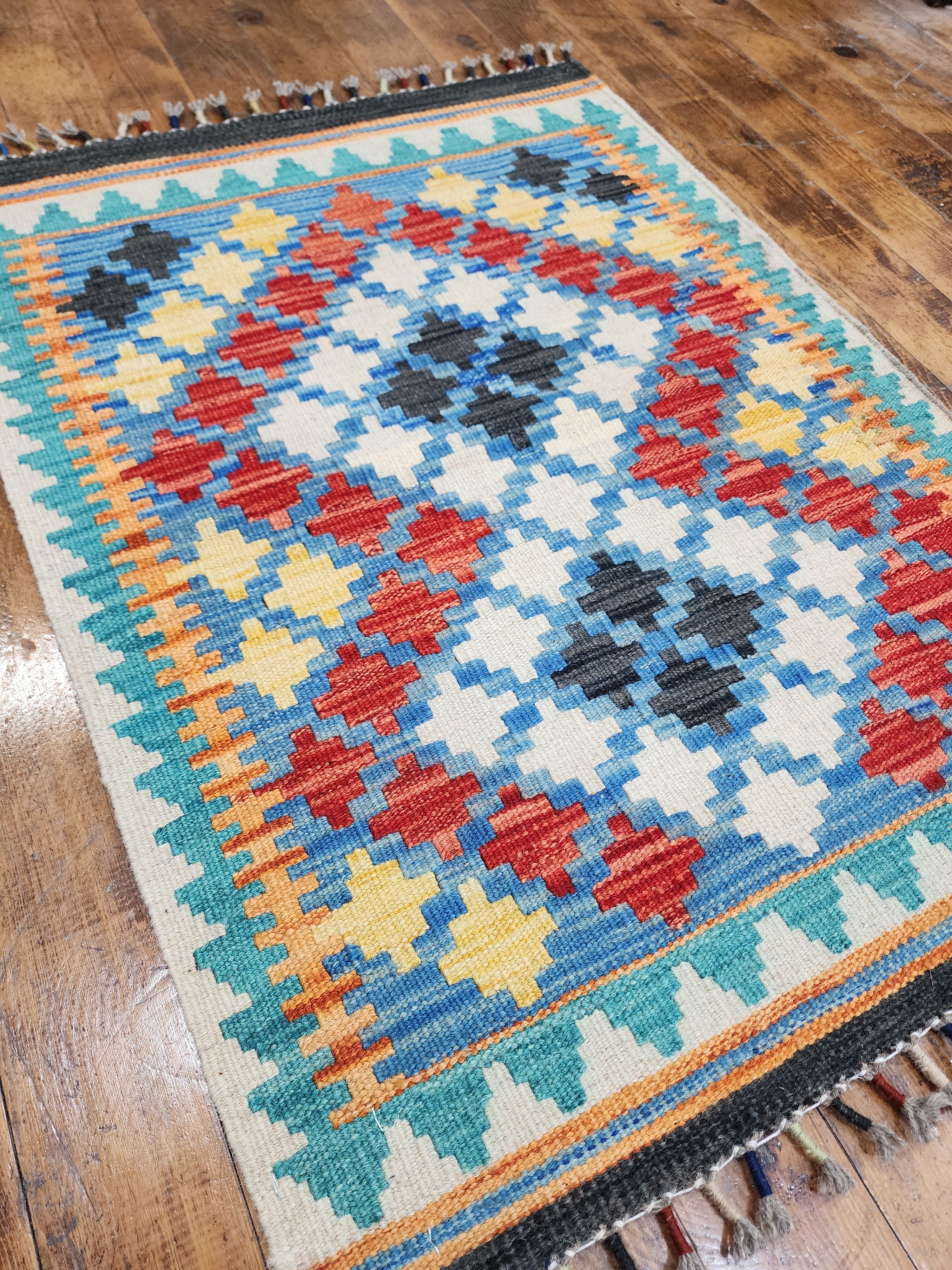 vintage Afghan Maimana Wool Small Rug — back view
