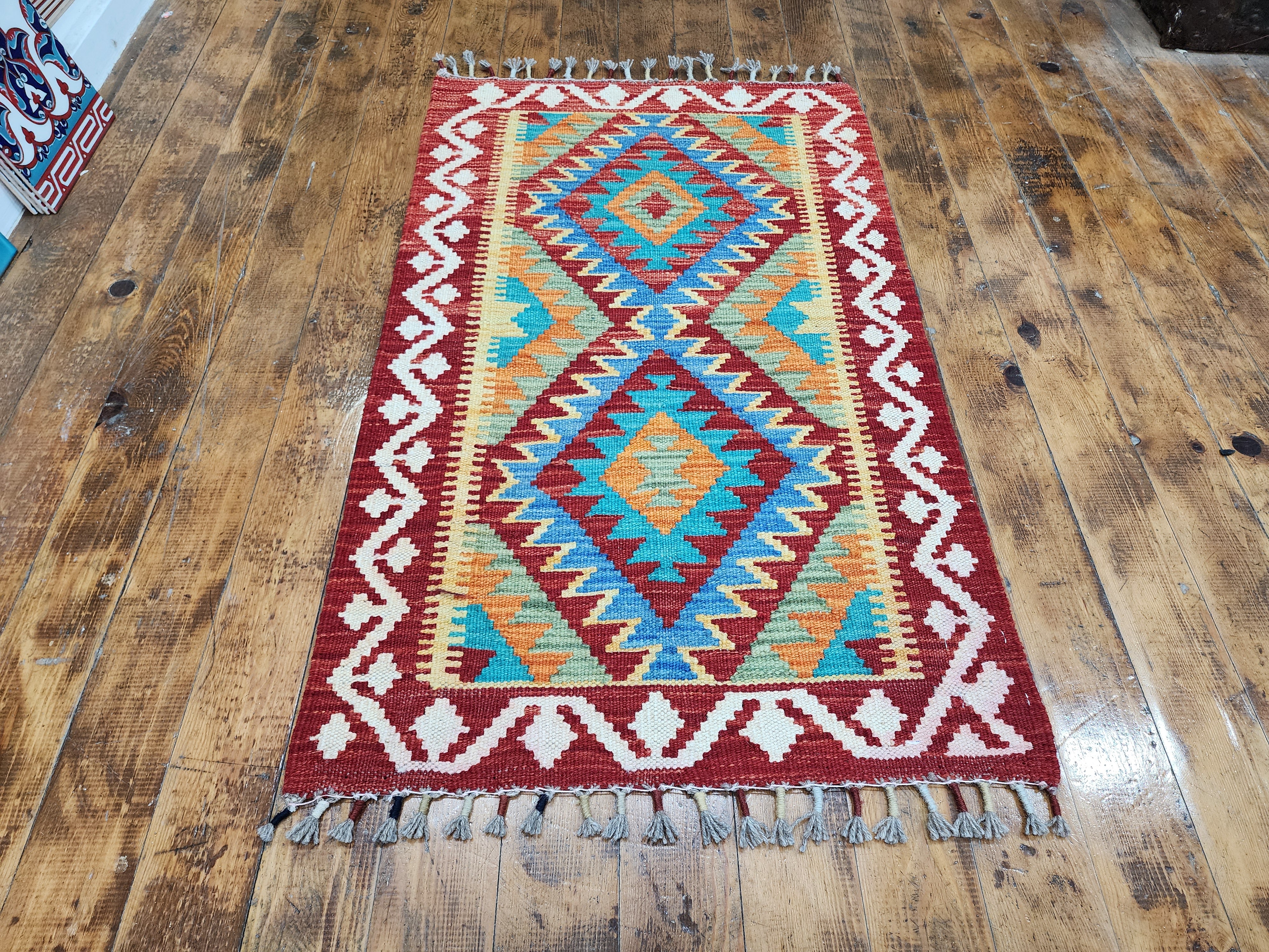 Kilim Maimana naranja y azul, 1'11" x 3'3''