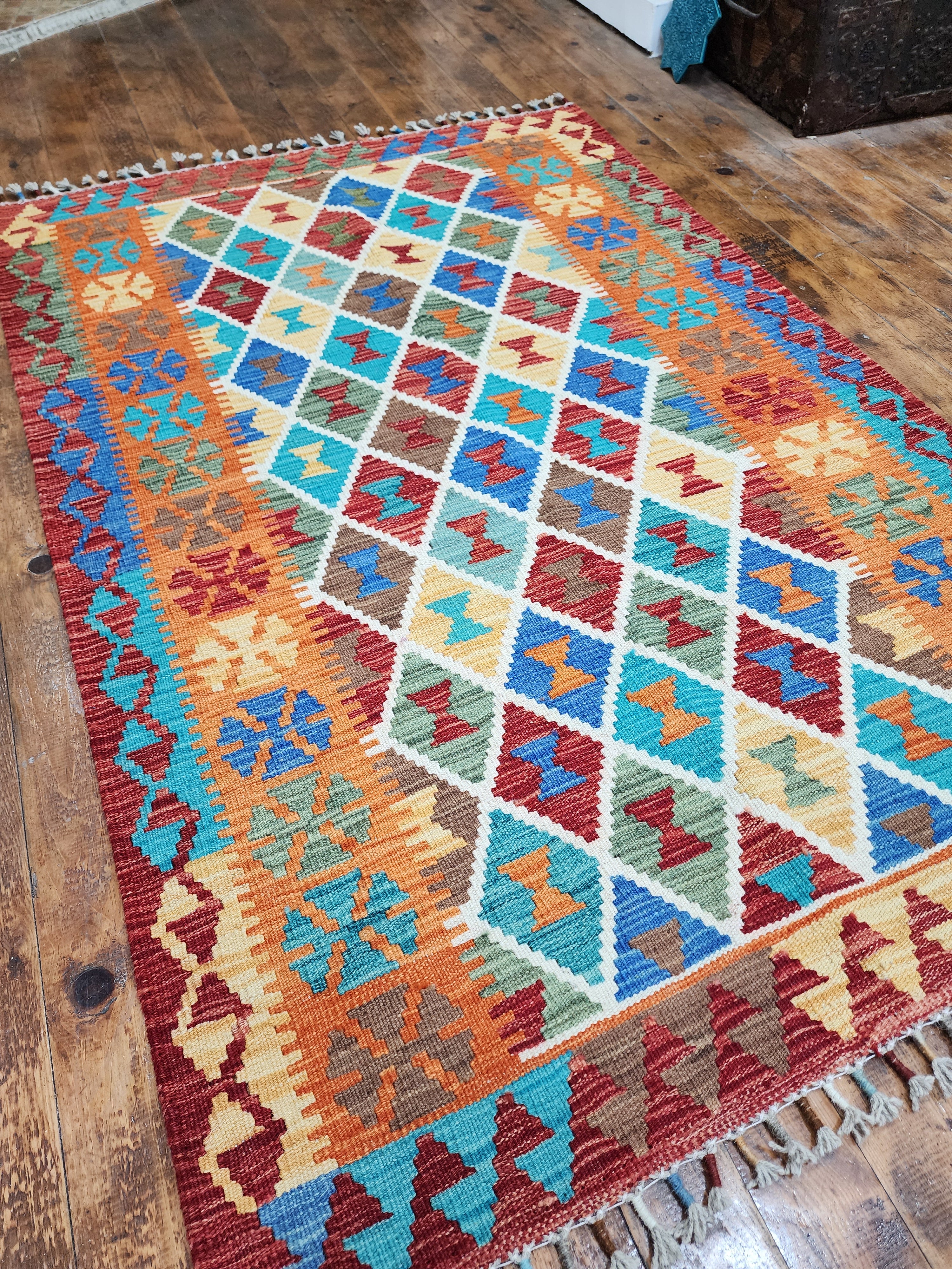 Kilim Maimana orange et bleu, 3'5" x 5'1''