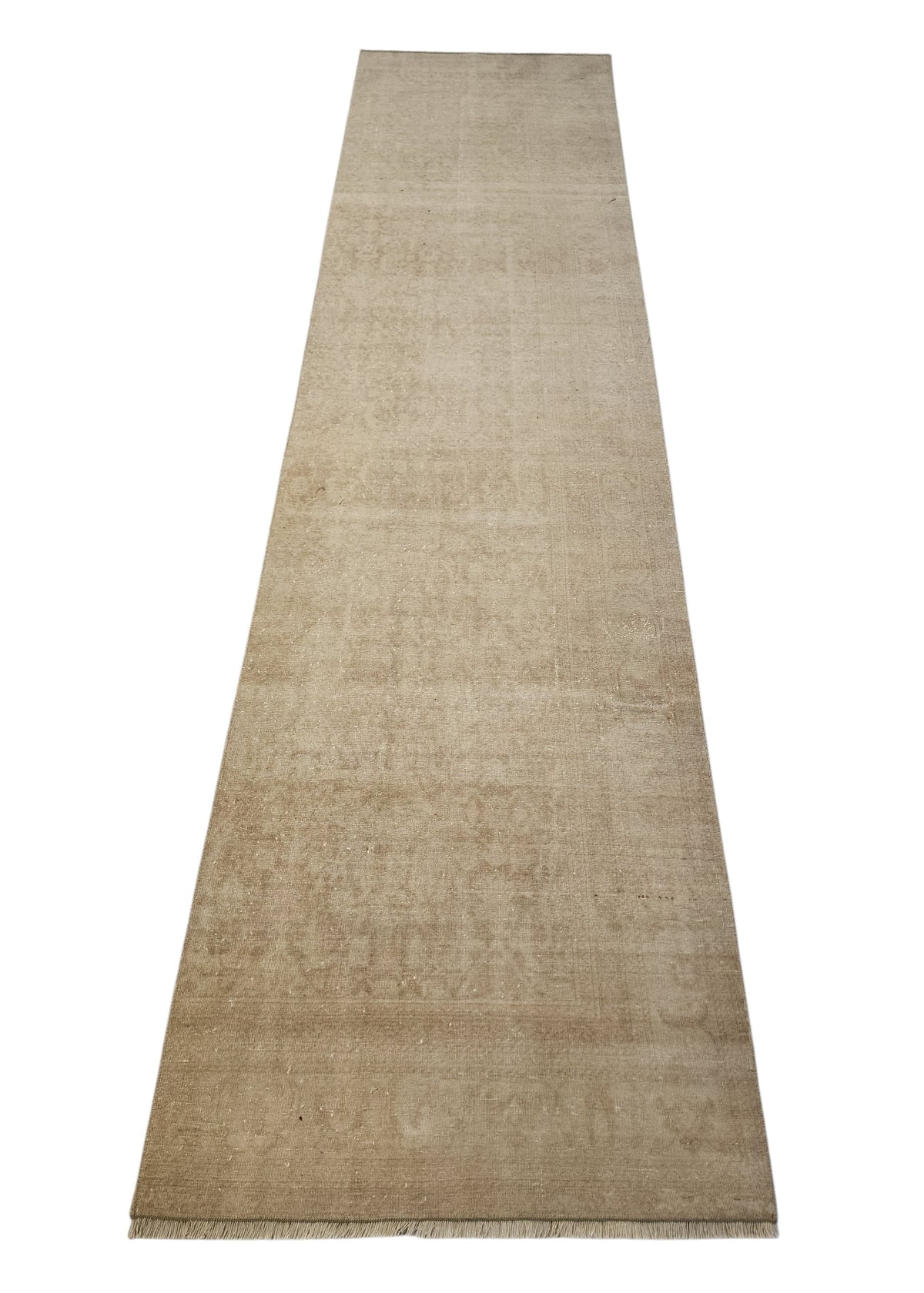 Zawalli — Vintage Turkish Wool Runner Rug, Muted Beige Distressed Anatolian Carpet (85x293cm)