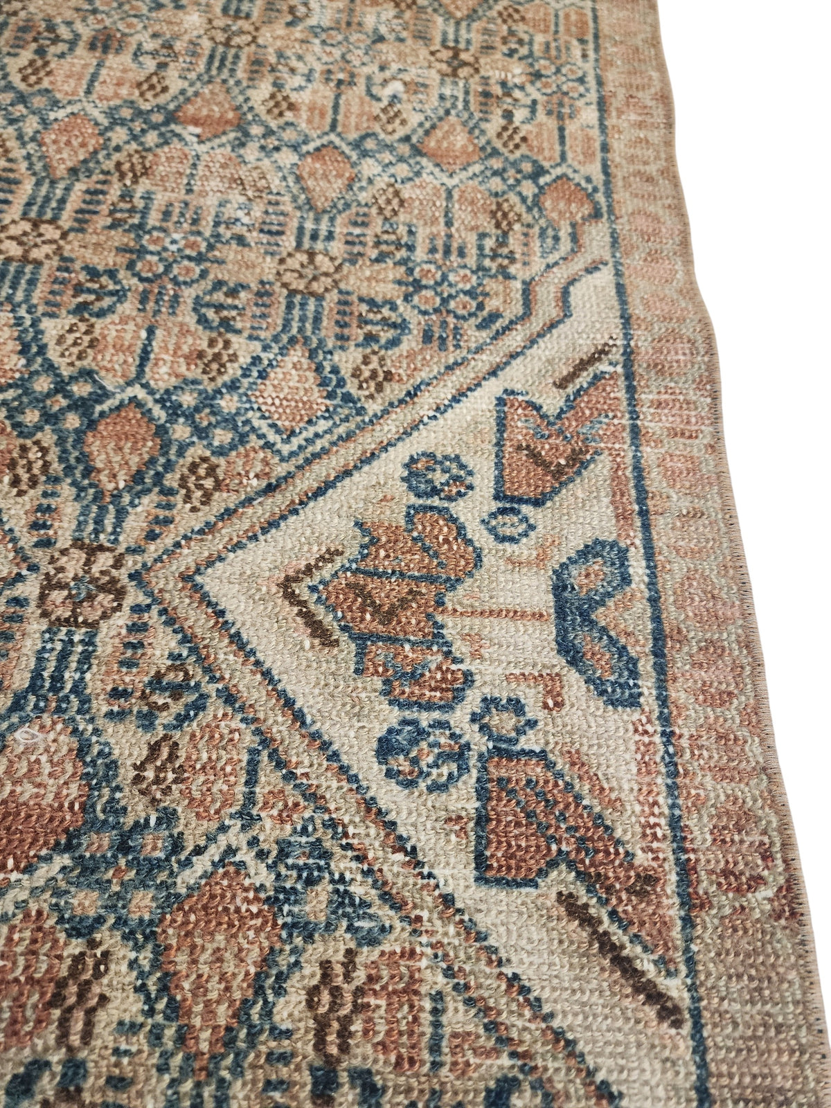 Hand-Knotted Turkish Wool Runner Rug, Distressed Geometric Medallion, Neutral Beige Blue (10'5" x 1'9")