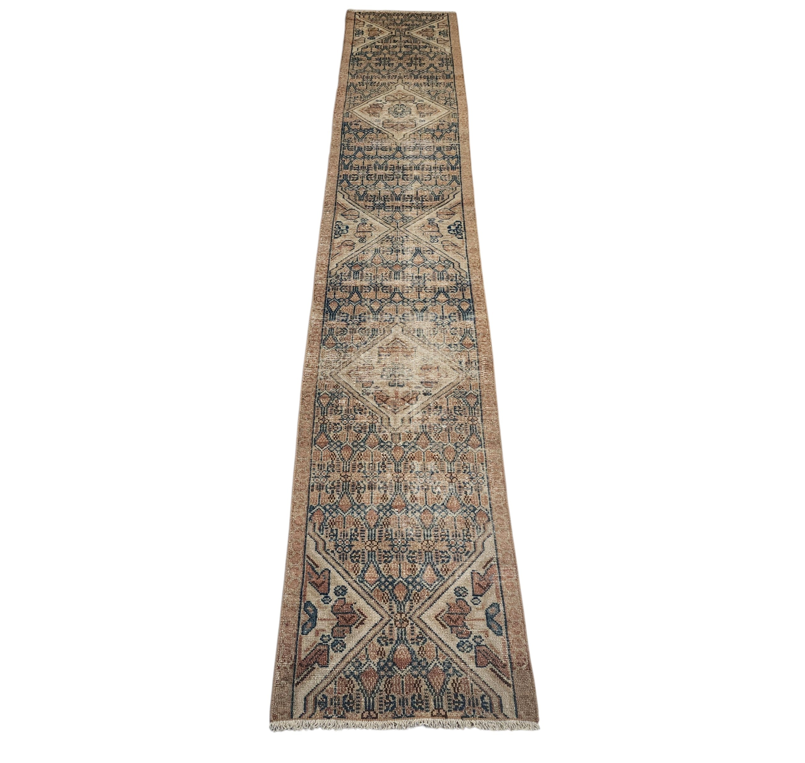 Hand-Knotted Turkish Wool Runner Rug, Distressed Geometric Medallion, Neutral Beige Blue (10'5" x 1'9")