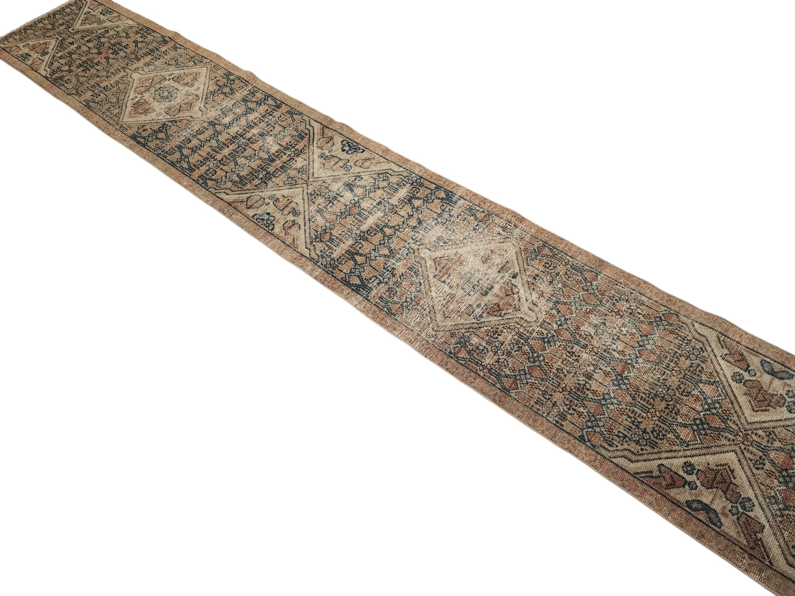 Hand-Knotted Turkish Wool Runner Rug, Distressed Geometric Medallion, Neutral Beige Blue (10'5" x 1'9")