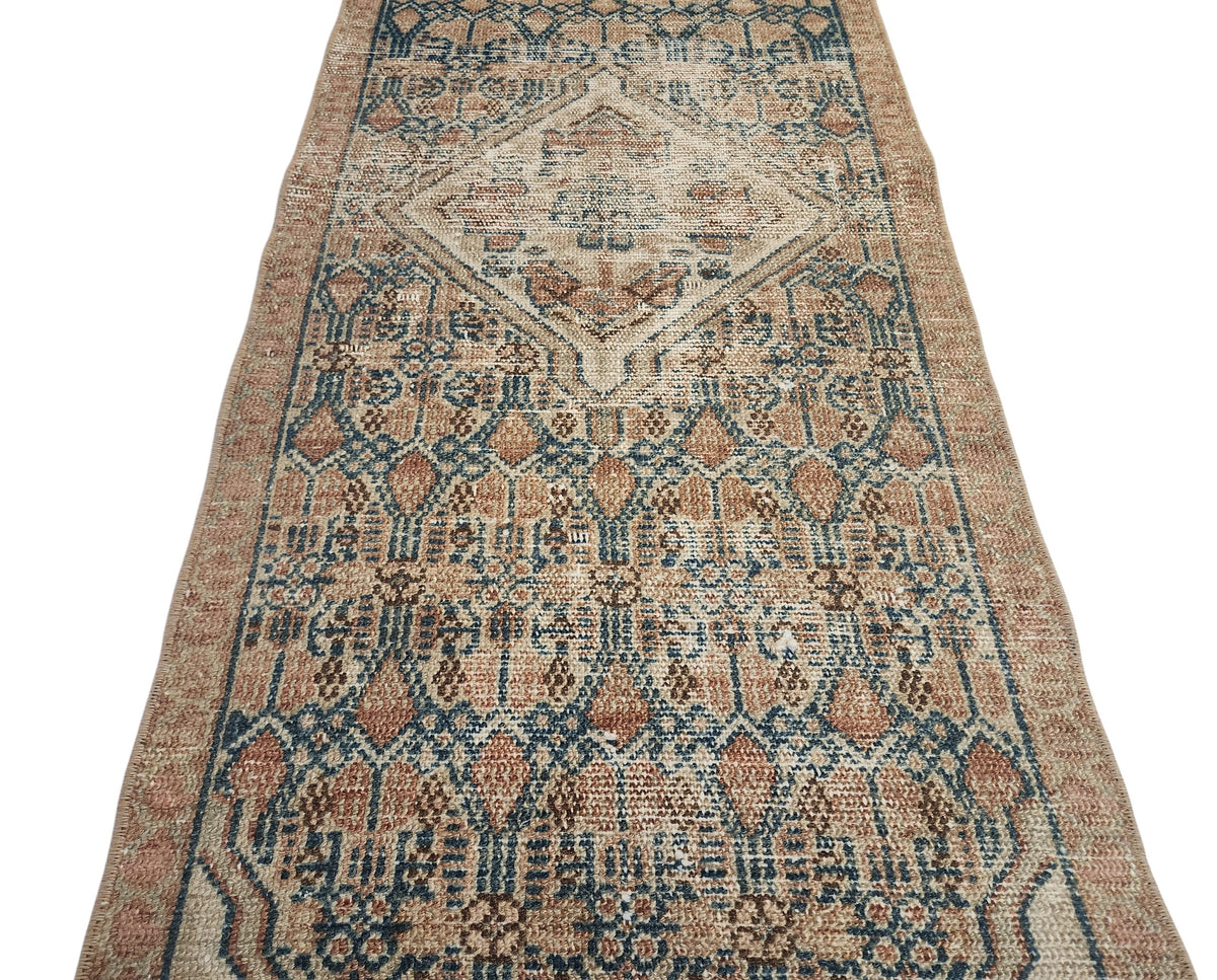 Hand-Knotted Turkish Wool Runner Rug, Distressed Geometric Medallion, Neutral Beige Blue (10'5" x 1'9")