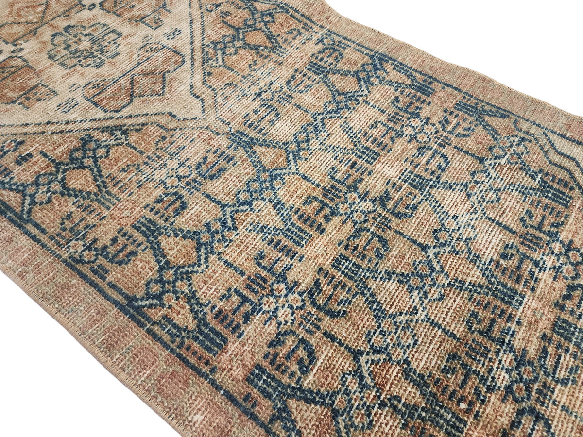 Hand-Knotted Turkish Wool Runner Rug, Distressed Geometric Medallion, Neutral Beige Blue (10'5" x 1'9")