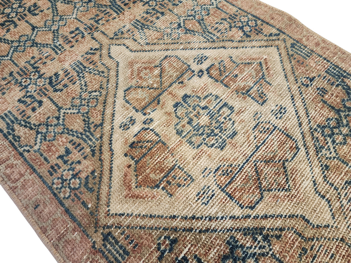 Hand-Knotted Turkish Wool Runner Rug, Distressed Geometric Medallion, Neutral Beige Blue (10'5" x 1'9")