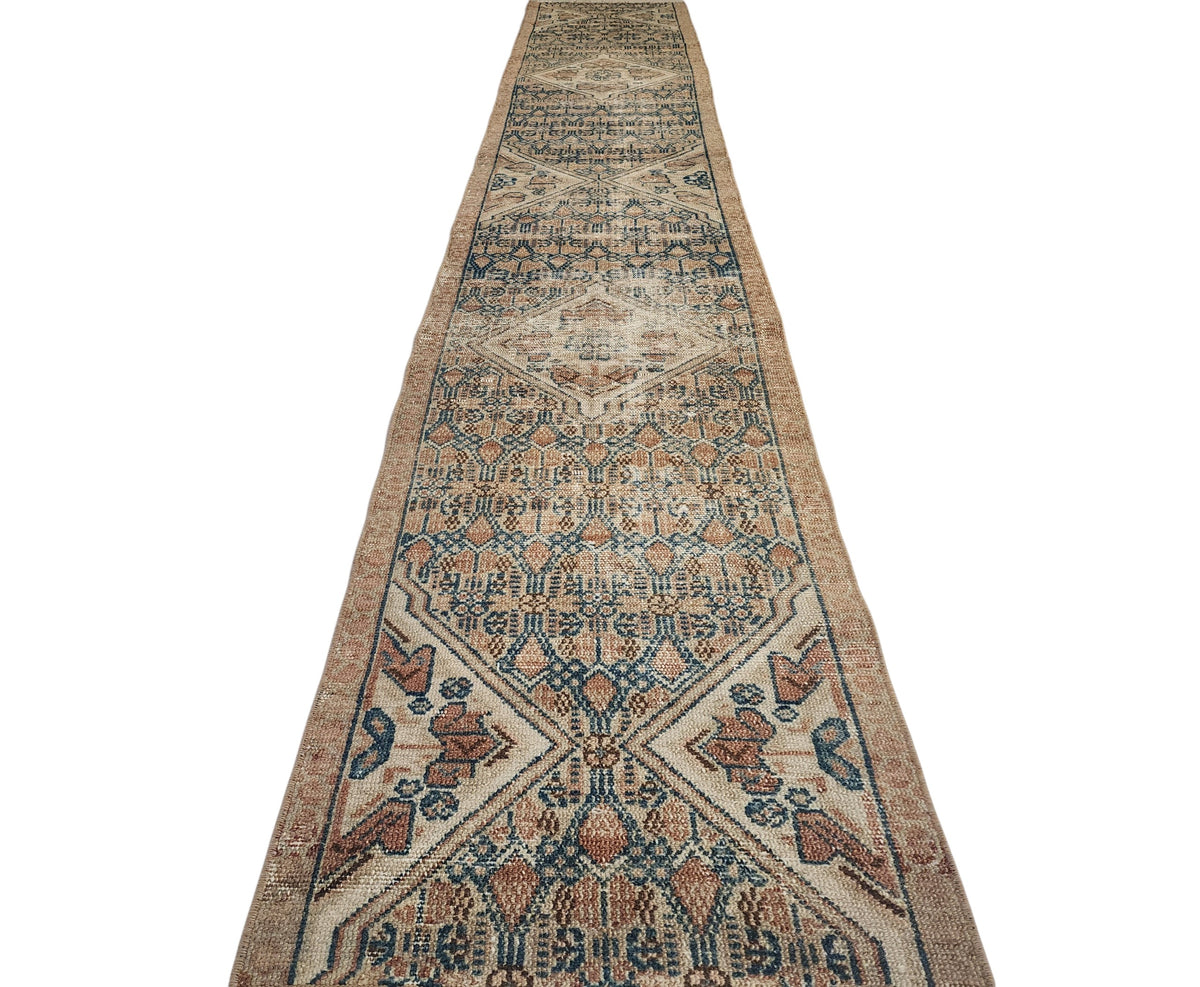 Hand-Knotted Turkish Wool Runner Rug, Distressed Geometric Medallion, Neutral Beige Blue (10'5" x 1'9")