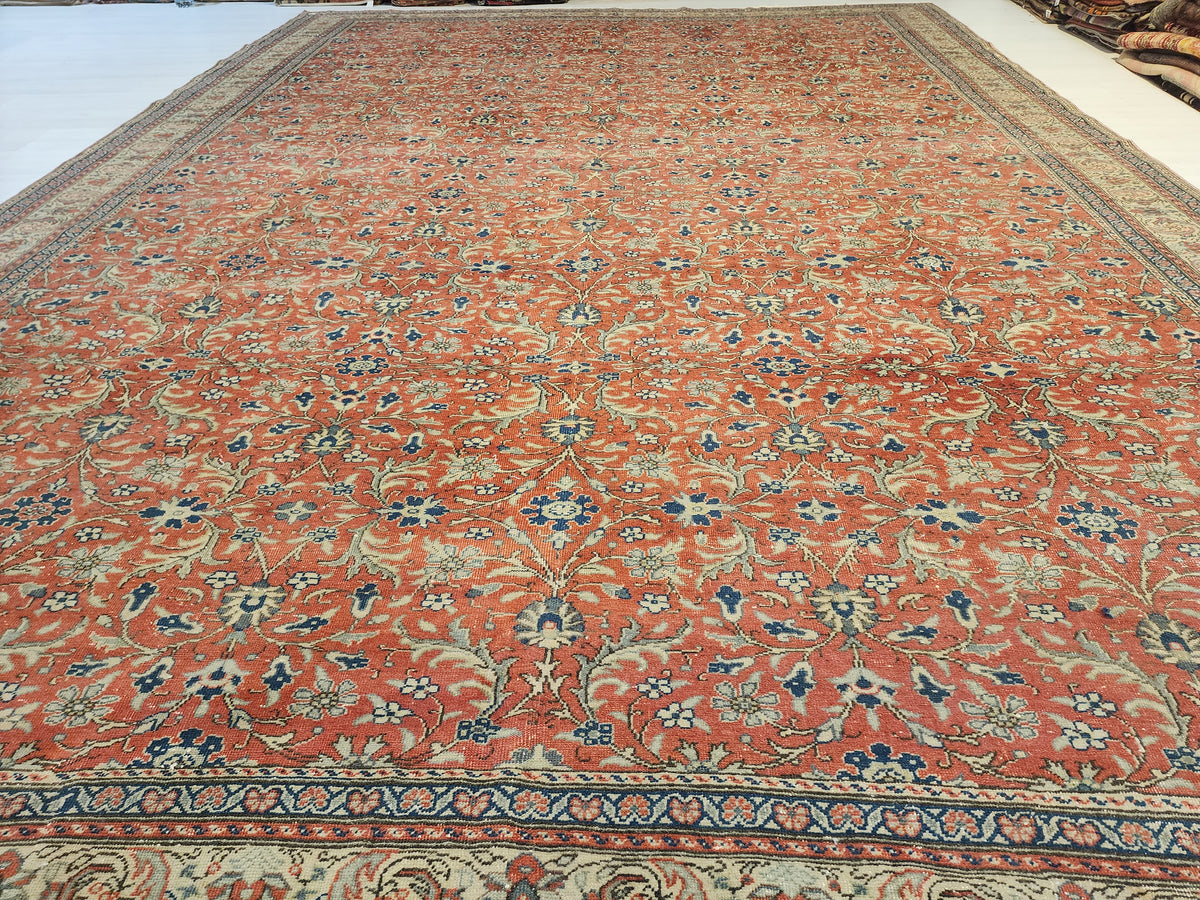 Large Hand-Knotted Turkish Oushak Rug, Muted Red Floral Anatolian Carpet (9'7" x 13'8")