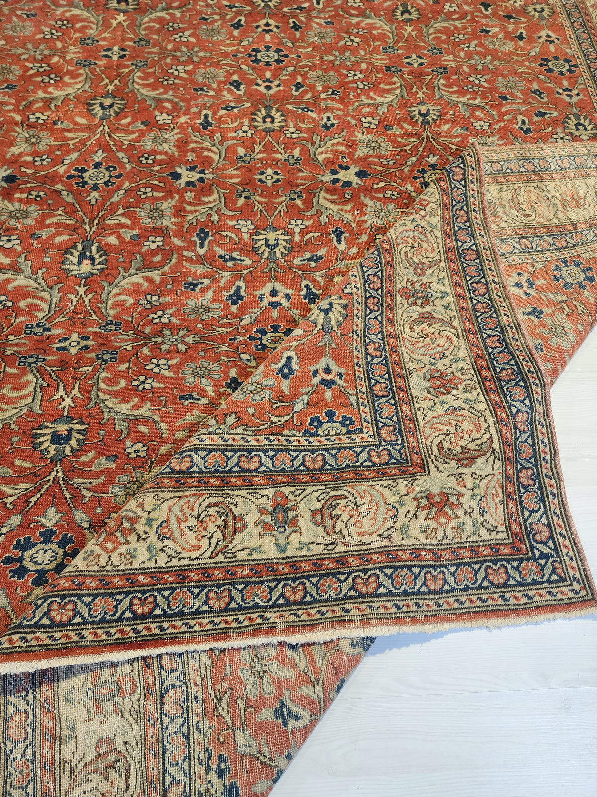Large Hand-Knotted Turkish Oushak Rug, Muted Red Floral Anatolian Carpet (9'7" x 13'8")