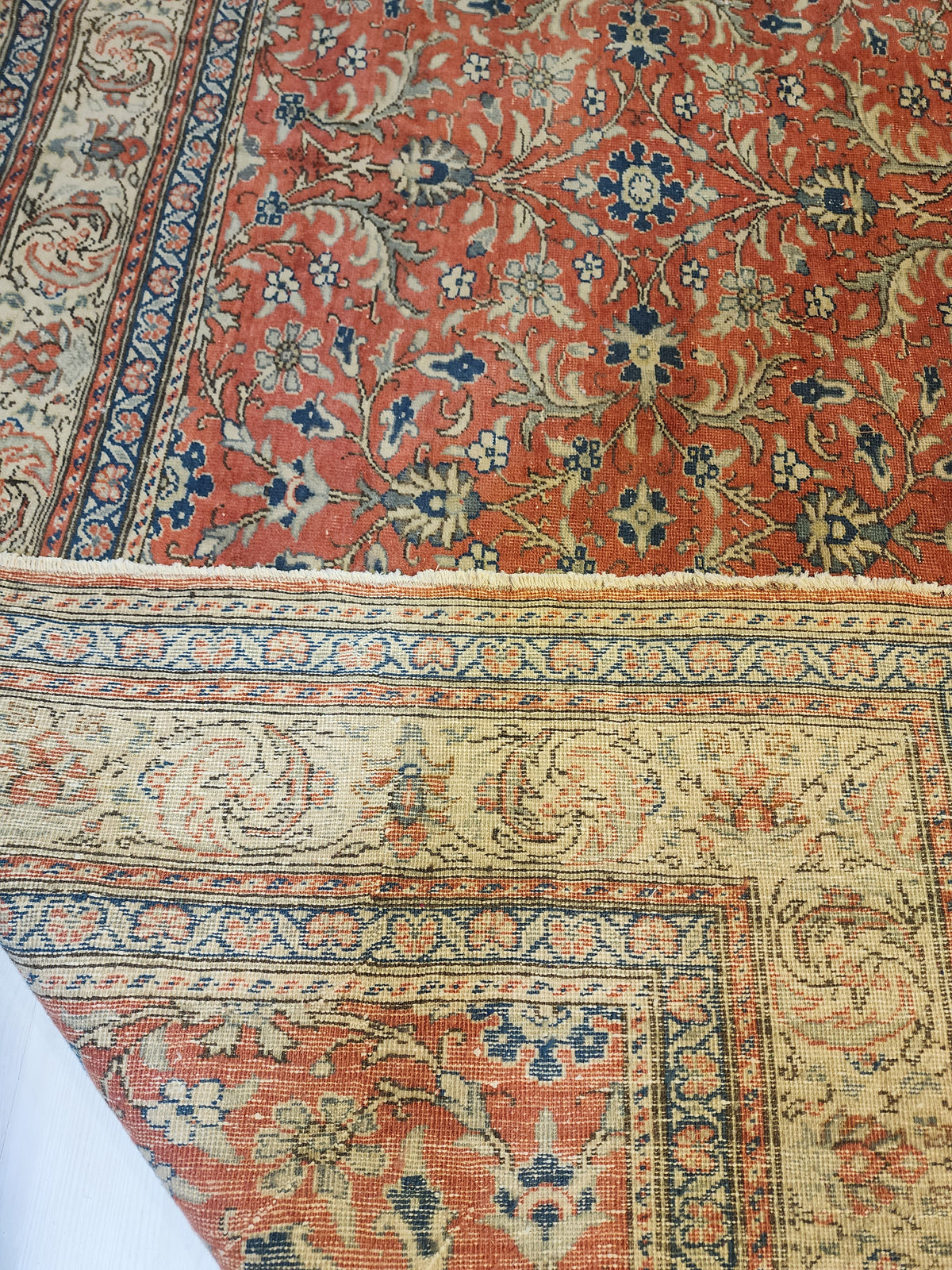 Large Hand-Knotted Turkish Oushak Rug, Muted Red Floral Anatolian Carpet (9'7" x 13'8")