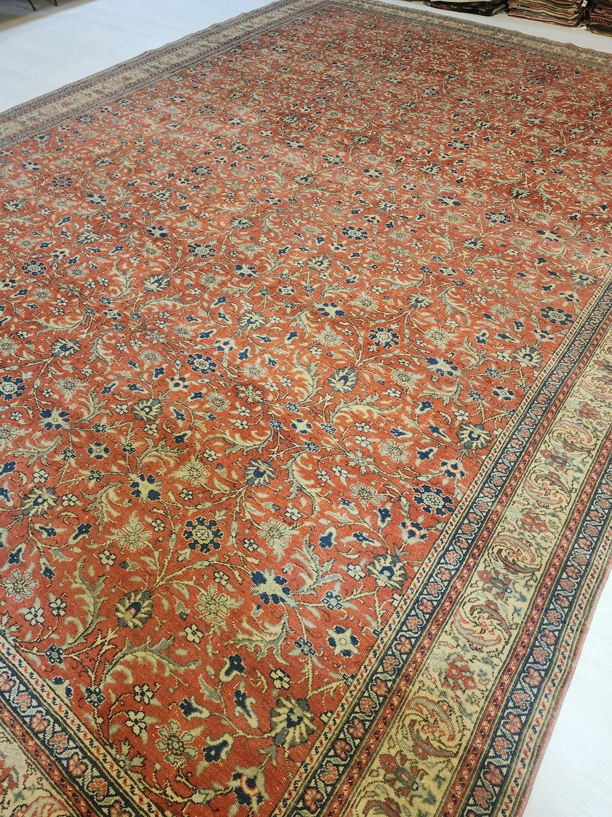 Large Hand-Knotted Turkish Oushak Rug, Muted Red Floral Anatolian Carpet (9'7" x 13'8")