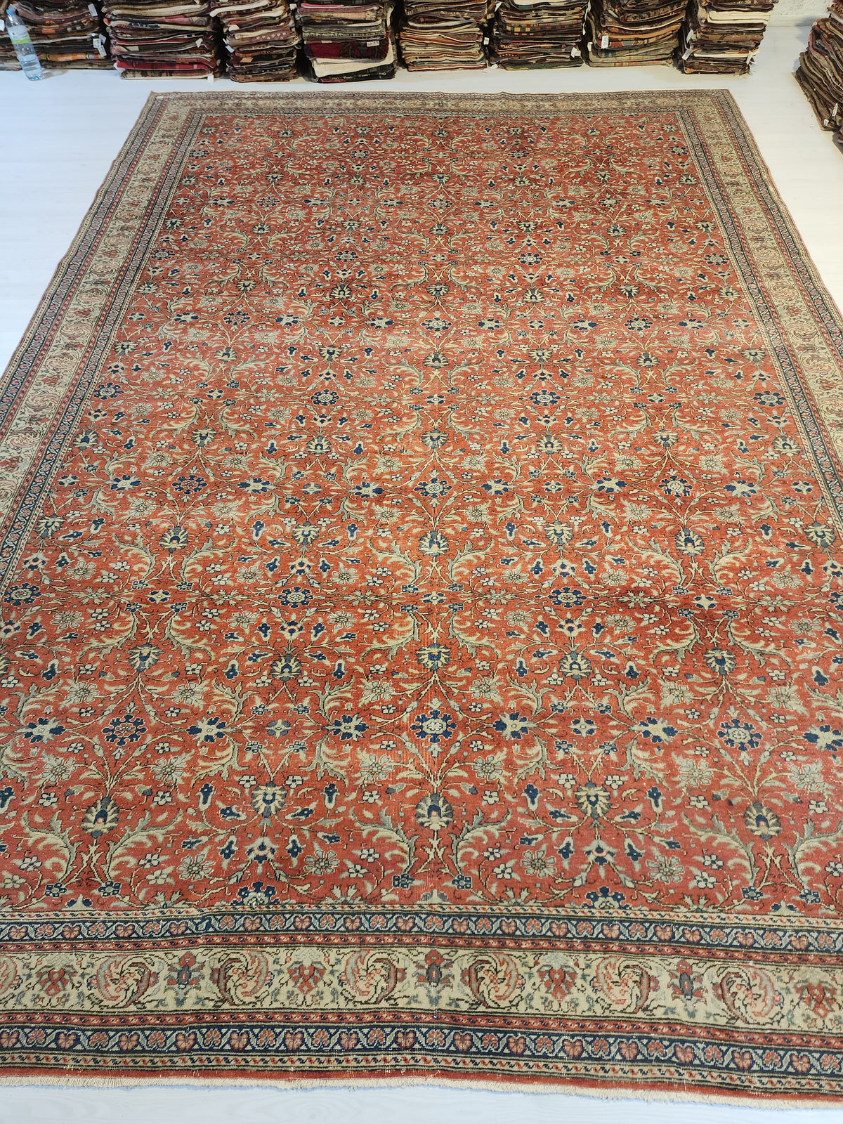 Large Hand-Knotted Turkish Oushak Rug, Muted Red Floral Anatolian Carpet (9'7" x 13'8")