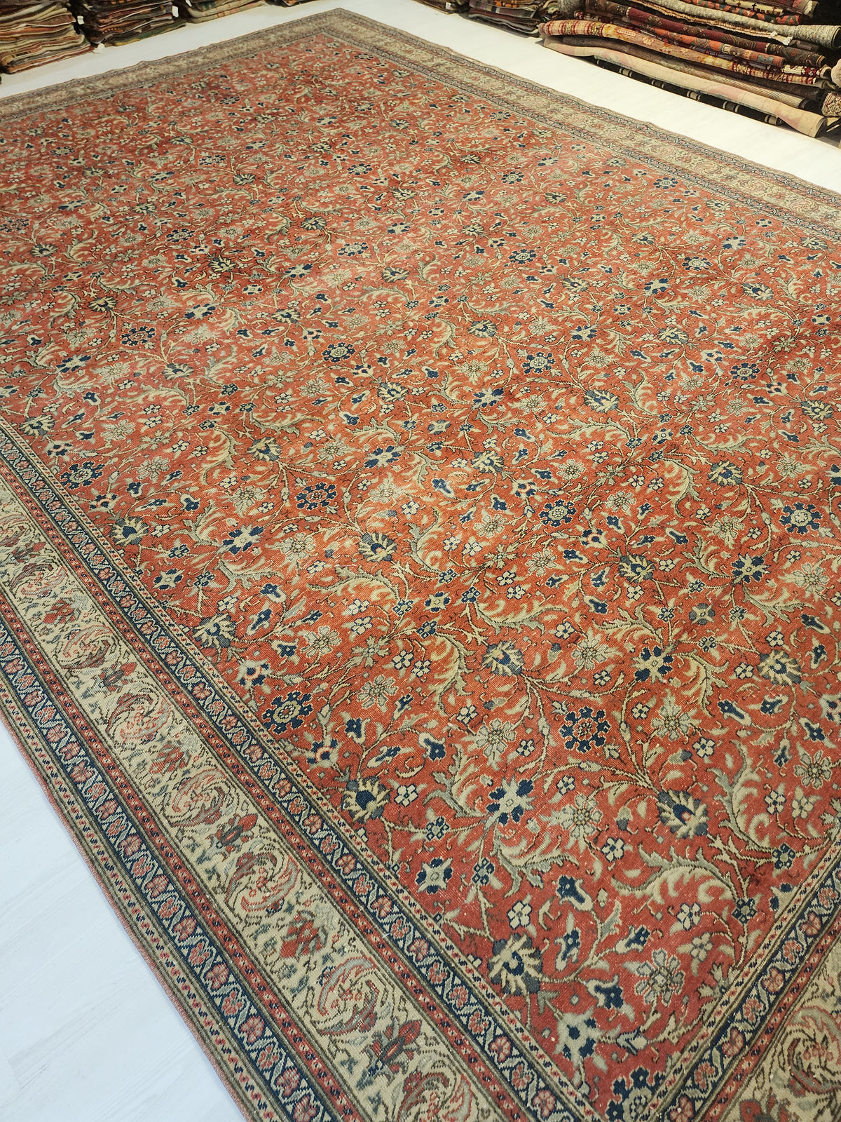 Large Hand-Knotted Turkish Oushak Rug, Muted Red Floral Anatolian Carpet (9'7" x 13'8")